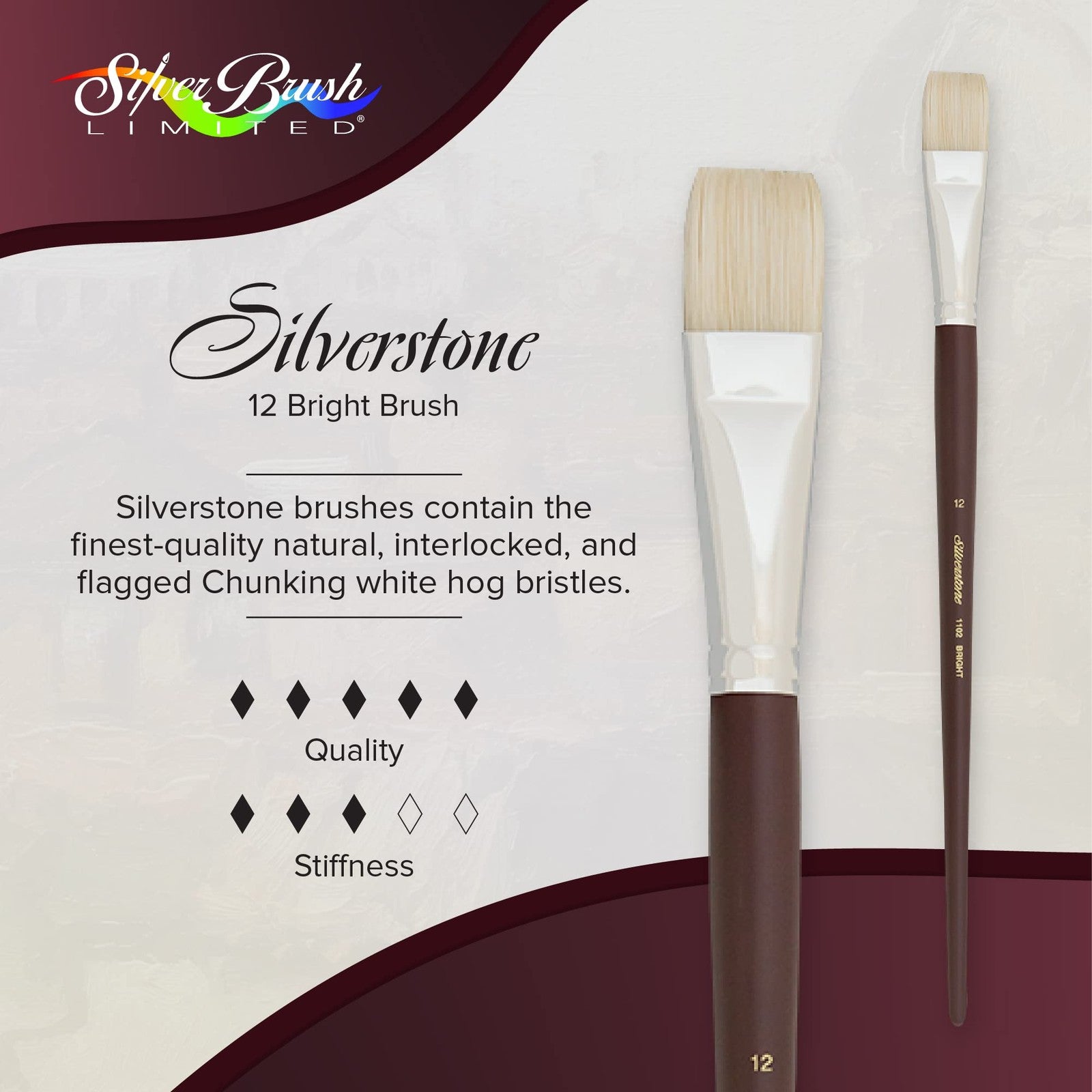 Silver Brush Limited Silverstone Bright Paintbrush for oil painting, featuring a silver handle and bright synthetic bristles.