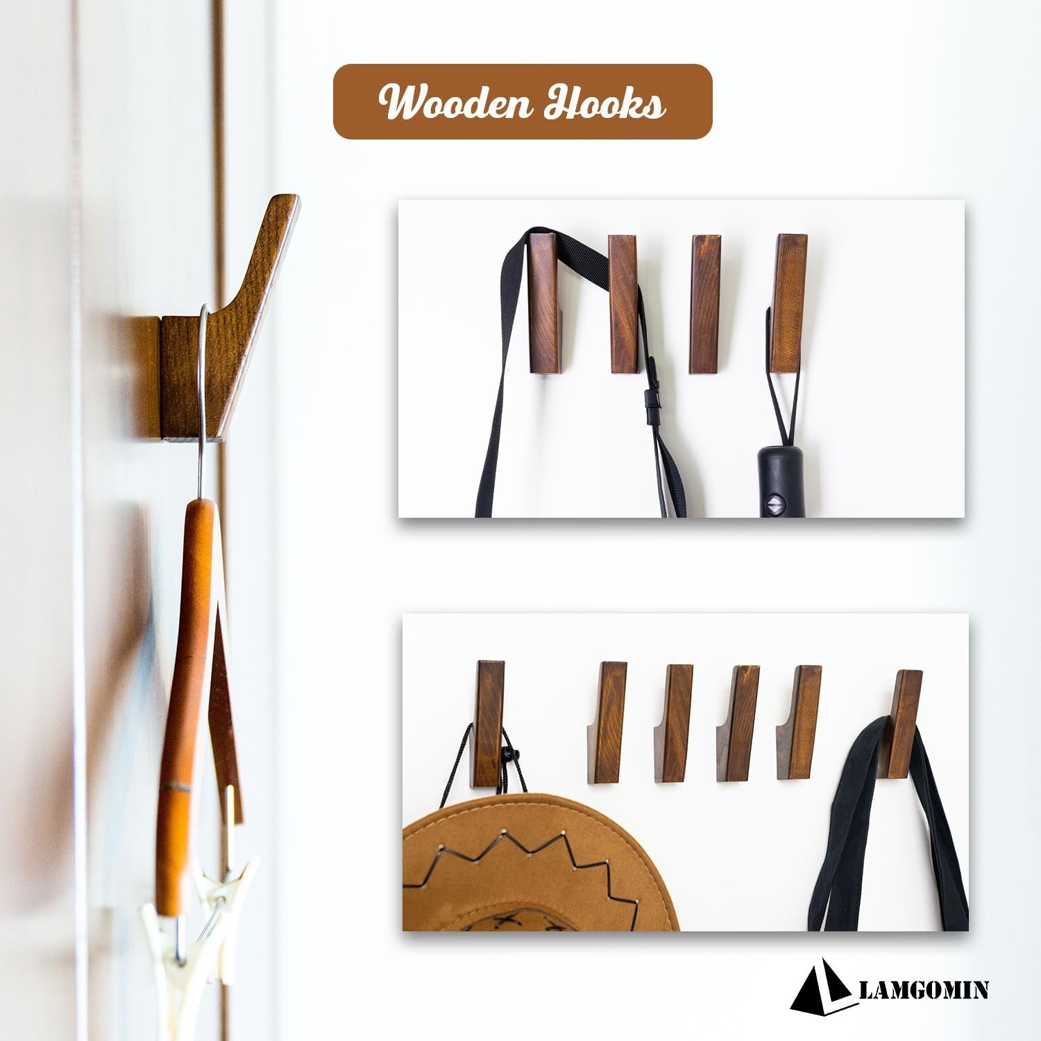 Set of four LAMGOMIN rustic wood wall hooks for coats, hats, and backpacks, mounted on a wall with a minimalist design.