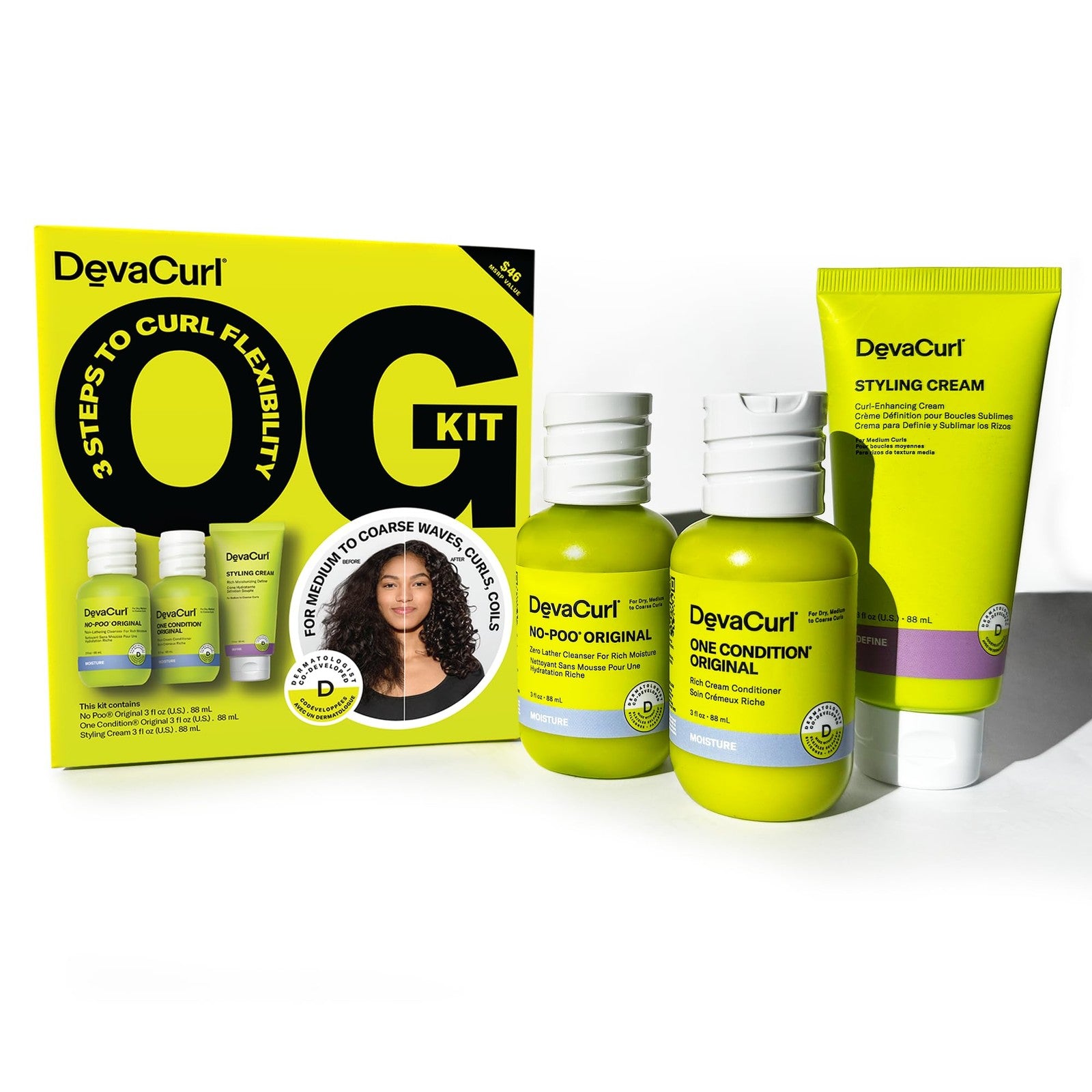 DevaCurl OG Kit with No-Poo, One Condition, styling cream for curly hair, displayed in a clear view of the products.