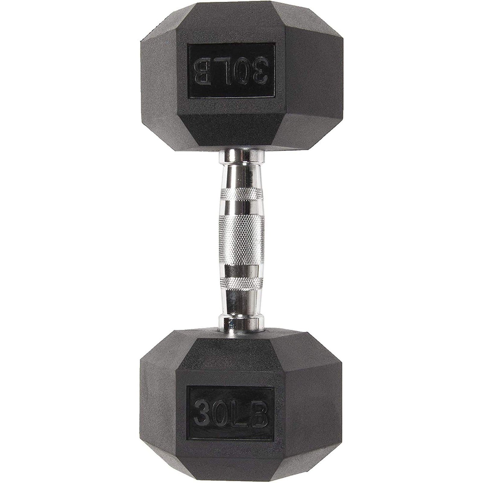 Black rubber-encased hex dumbbell by Fitvids, Spzon model, with textured grip and weight markings visible.