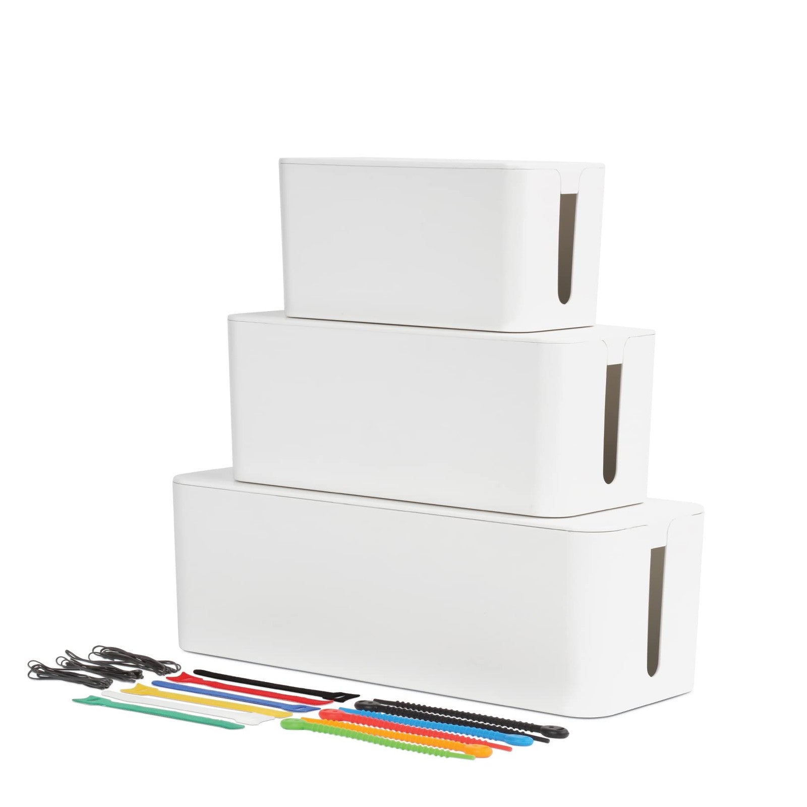 Oxford Cable Management Boxes 3-pack with small, medium, large sizes and 15 cable ties for organizing wires and cables.