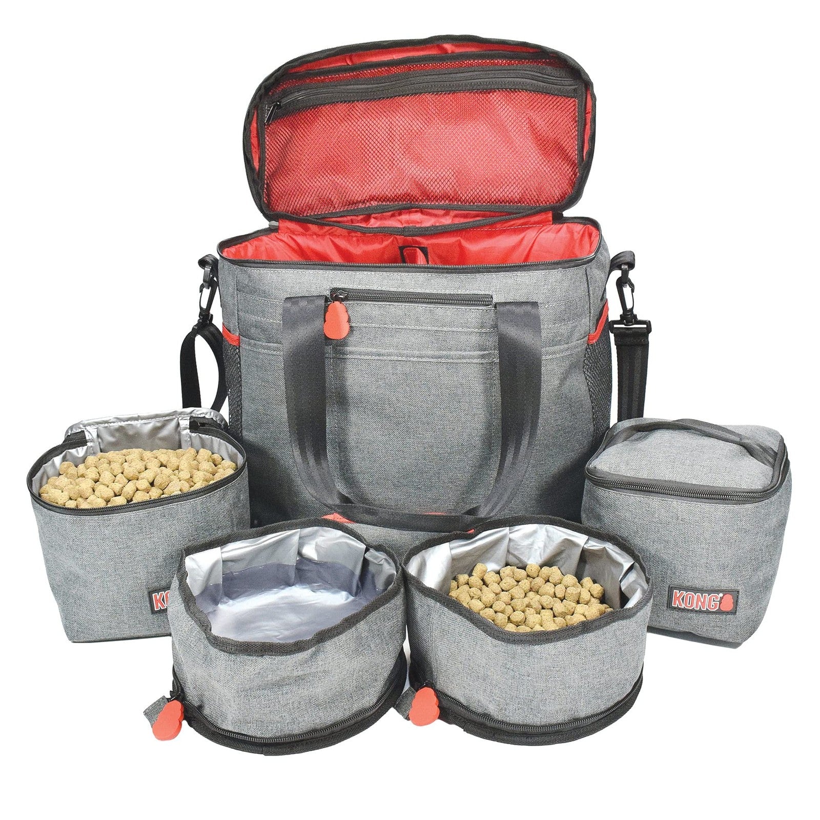 KONG 5-piece pet travel bag set with washable tote, food storage containers, and collapsible bowls for on-the-go pet care.