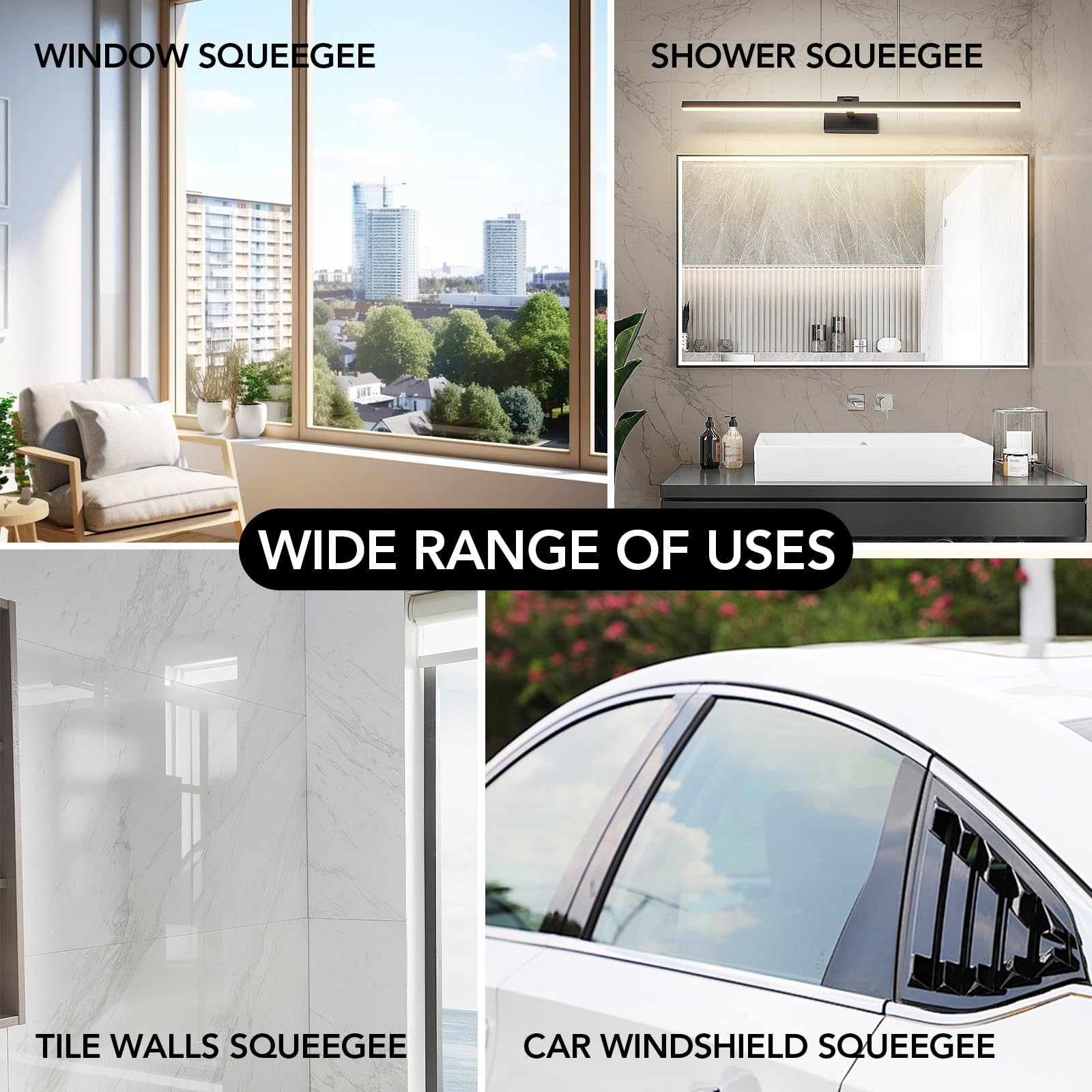 Rakovar shower squeegee with long telescopic handle for window and glass cleaning, extending from 15 to 51 inches.