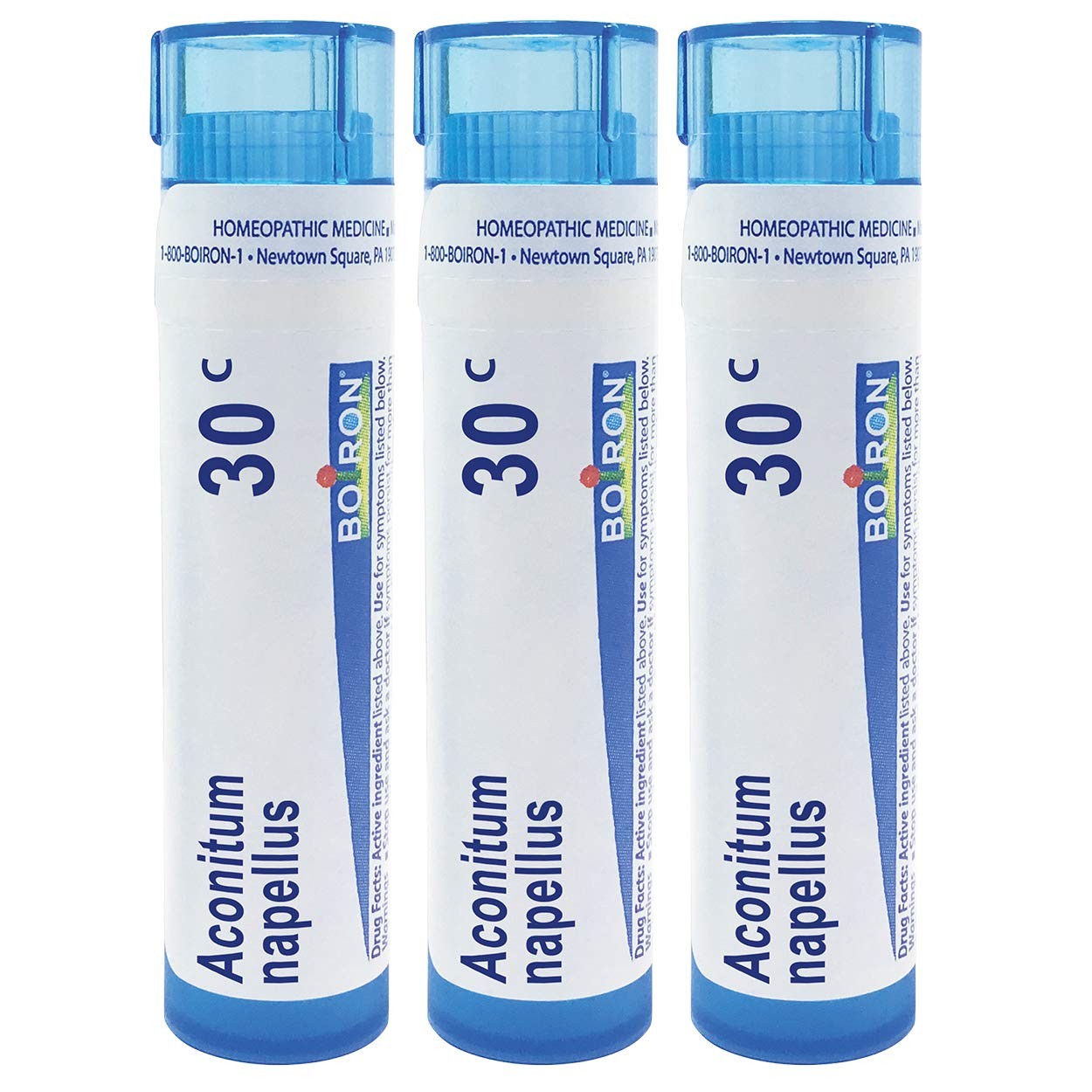Boiron Aconitum Napellus 30c homeopathic medicine for fever, pack of 3 bottles with 240 pellets each, in original packaging.