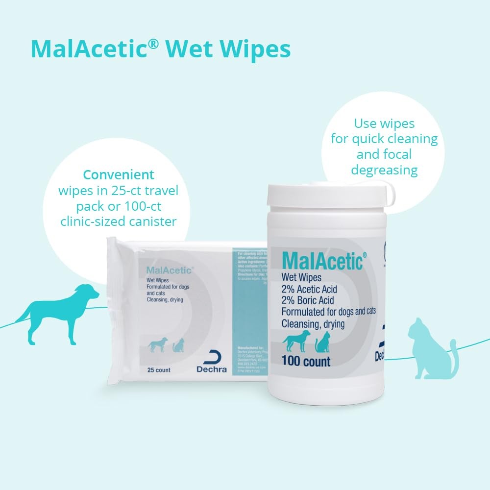 MalAcetic medicated wet wipes for dogs and cats, 100 count, showing the package with wipes in a natural setting.