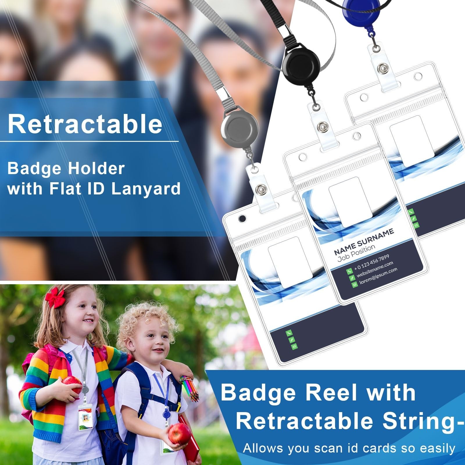 Marspark 50-piece set of flat lanyards with retractable ID holders, showing colorful lanyards and clear ID card slots.