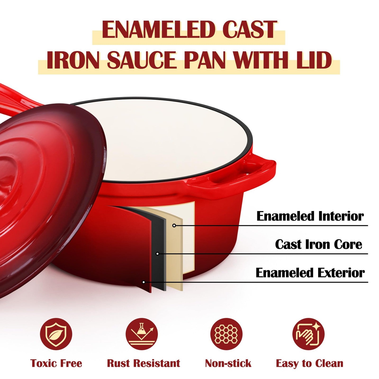 E-far enameled cast iron 1-quart saucepan with lid, mini Dutch oven in vibrant color, suitable for stove cooking and simmering.