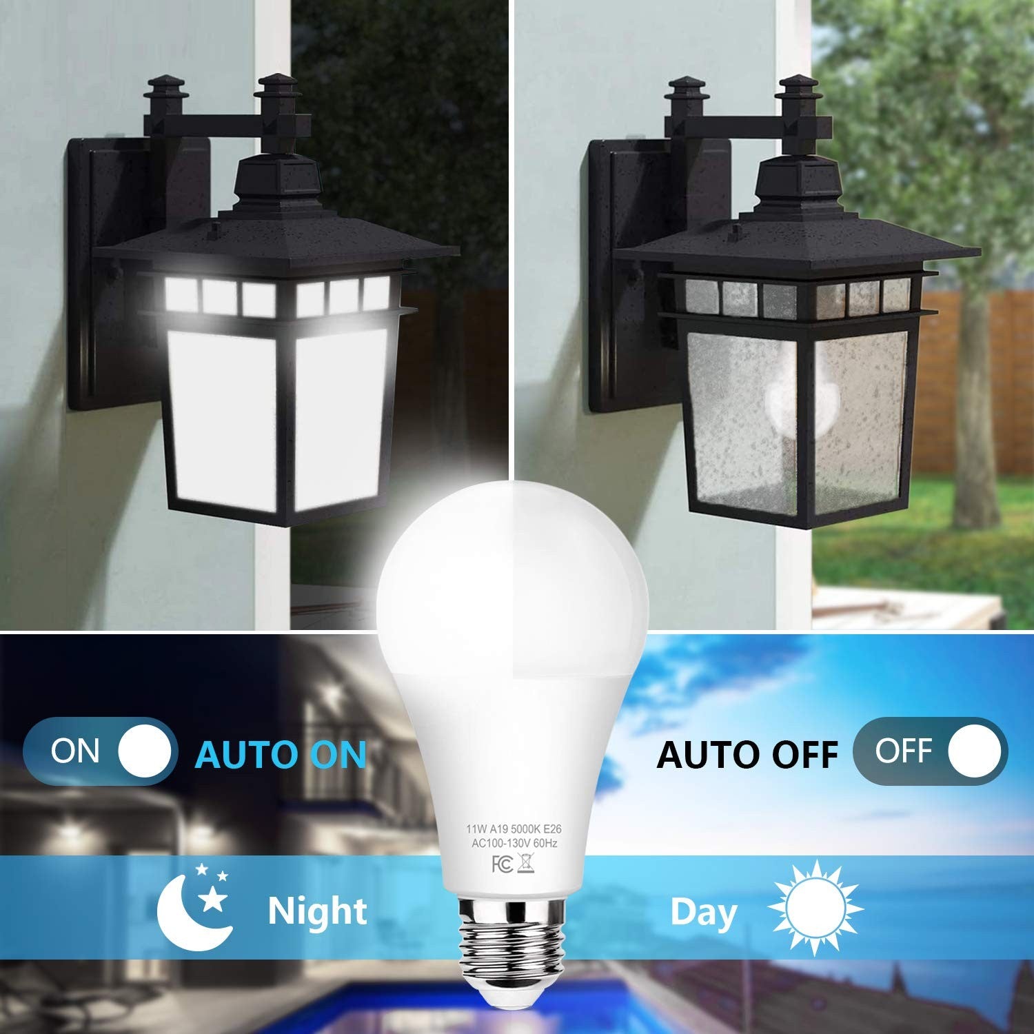 Six Brightever dusk-to-dawn LED A19 light bulbs, 11W, 100W equivalent, E26 base, shown installed in a ceiling fixture.