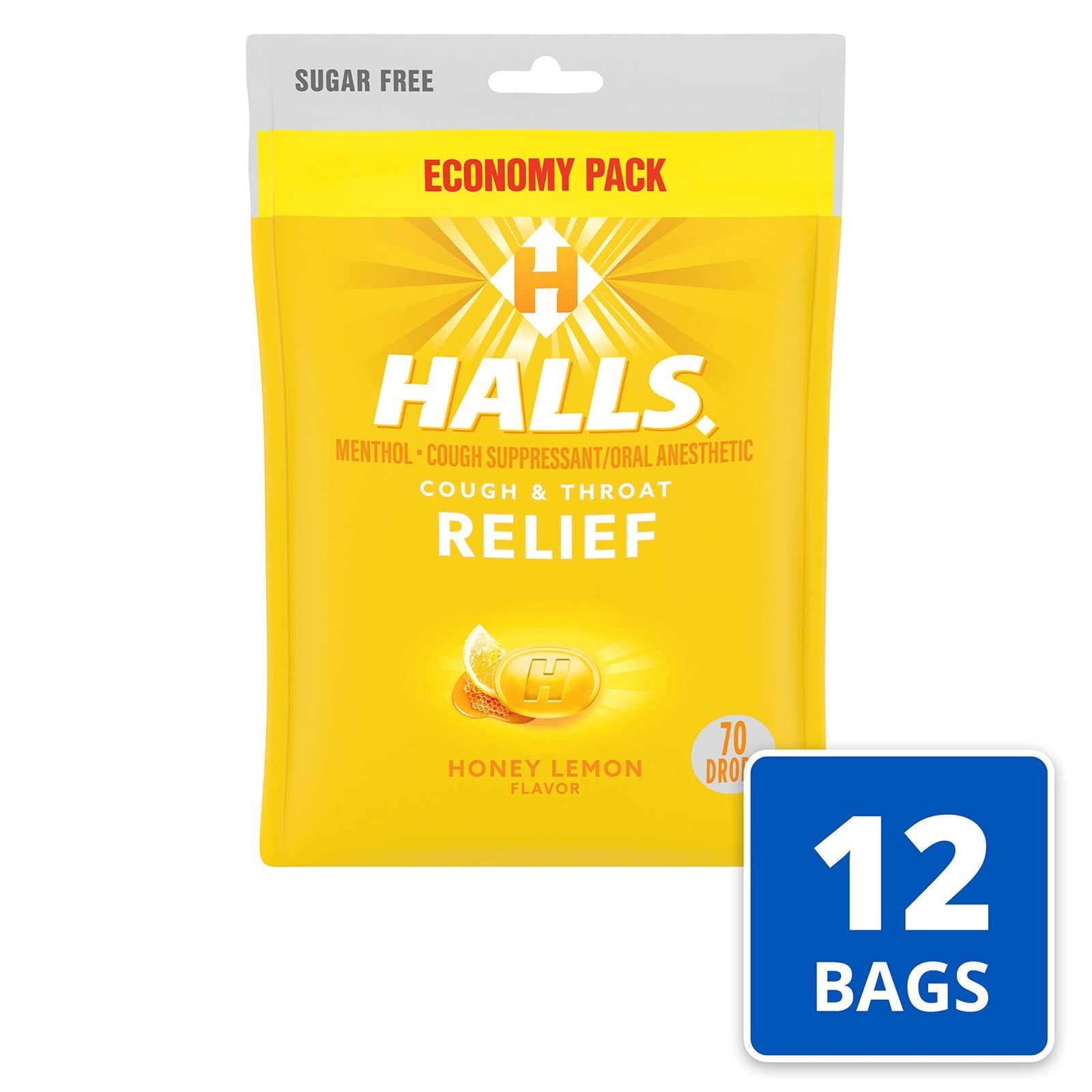 HALLS Relief Honey Lemon sugar-free cough drops in a clear bowl, showing individually wrapped drops with honey lemon flavor.