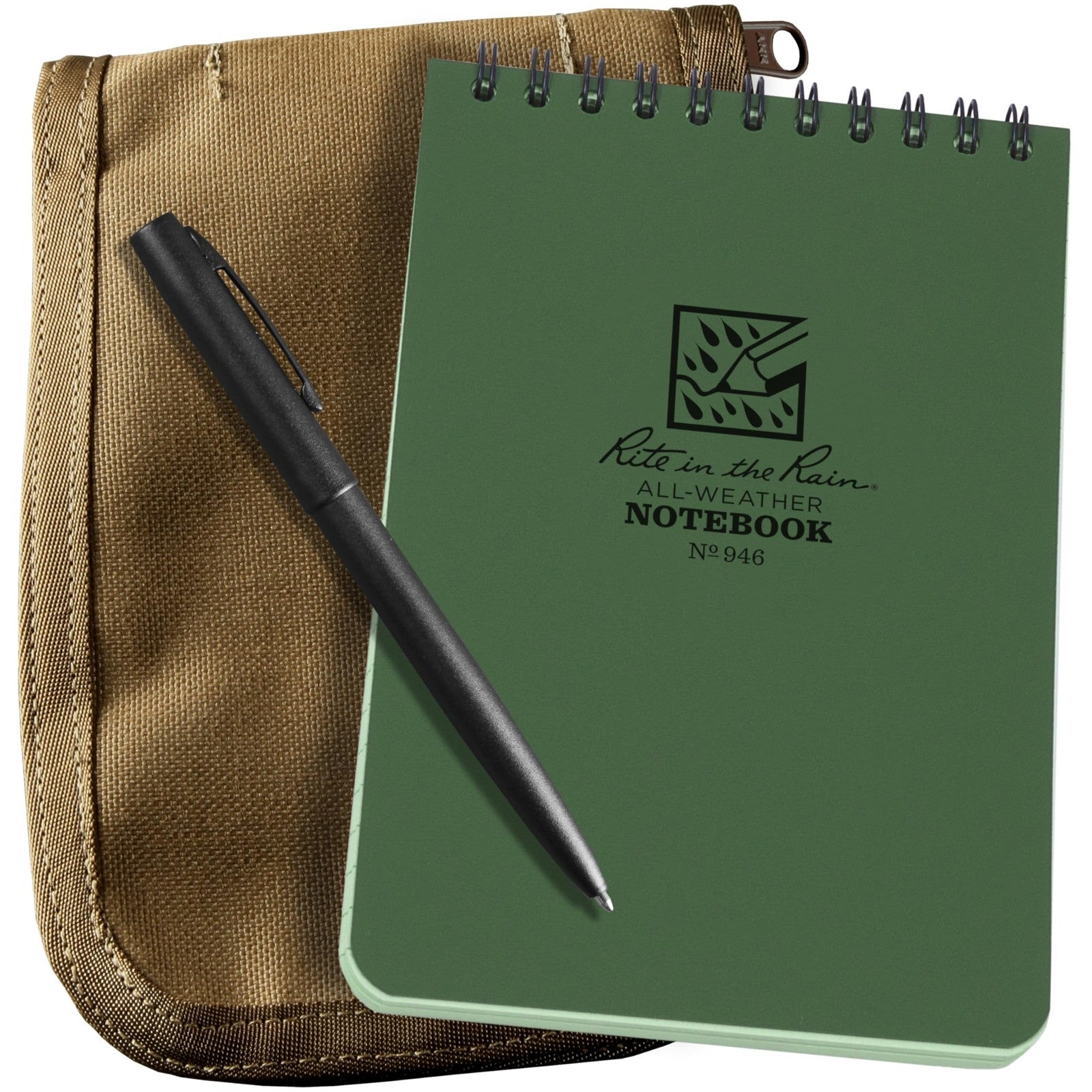 Rite in the Rain weatherproof spiral notebook kit with tan CORDURA cover and 4x6 green pages, designed for outdoor use.
