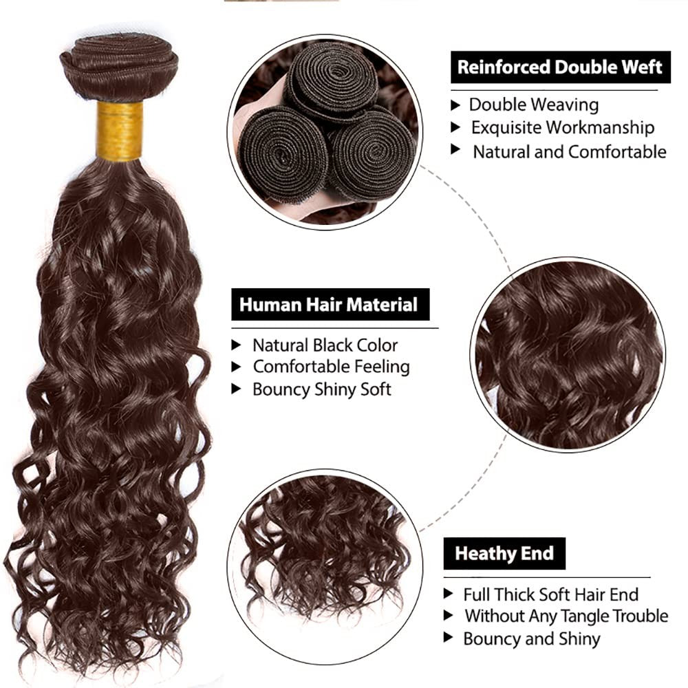 FuivJuix #4 brown water wave human hair bundles, 22-inch Brazilian virgin hair with natural water wave texture.
