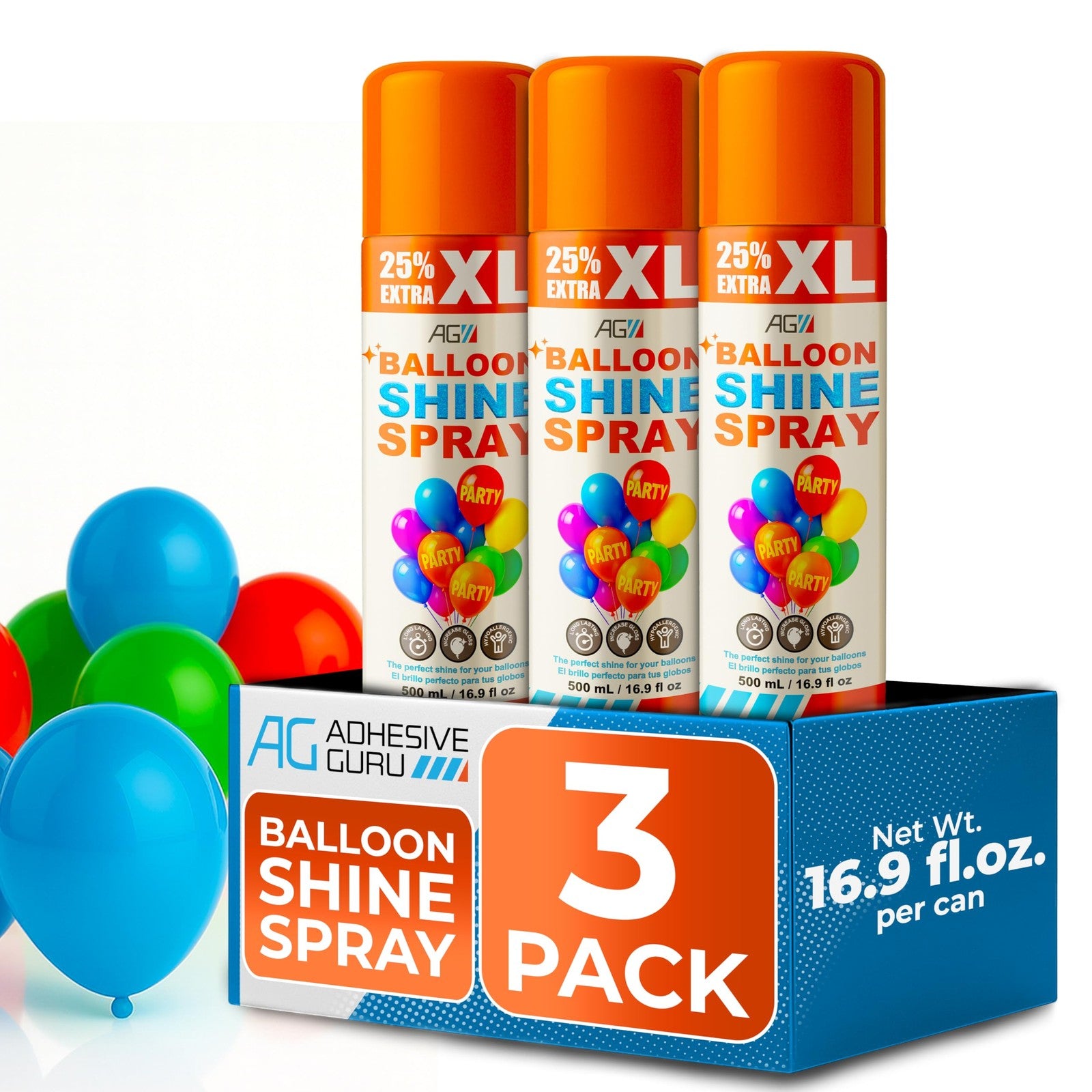 Ag Adhesive Guru Balloon Shine Spray bottle with high gloss finish for latex balloons, 3-pack of 16.9 fl oz spray bottles.