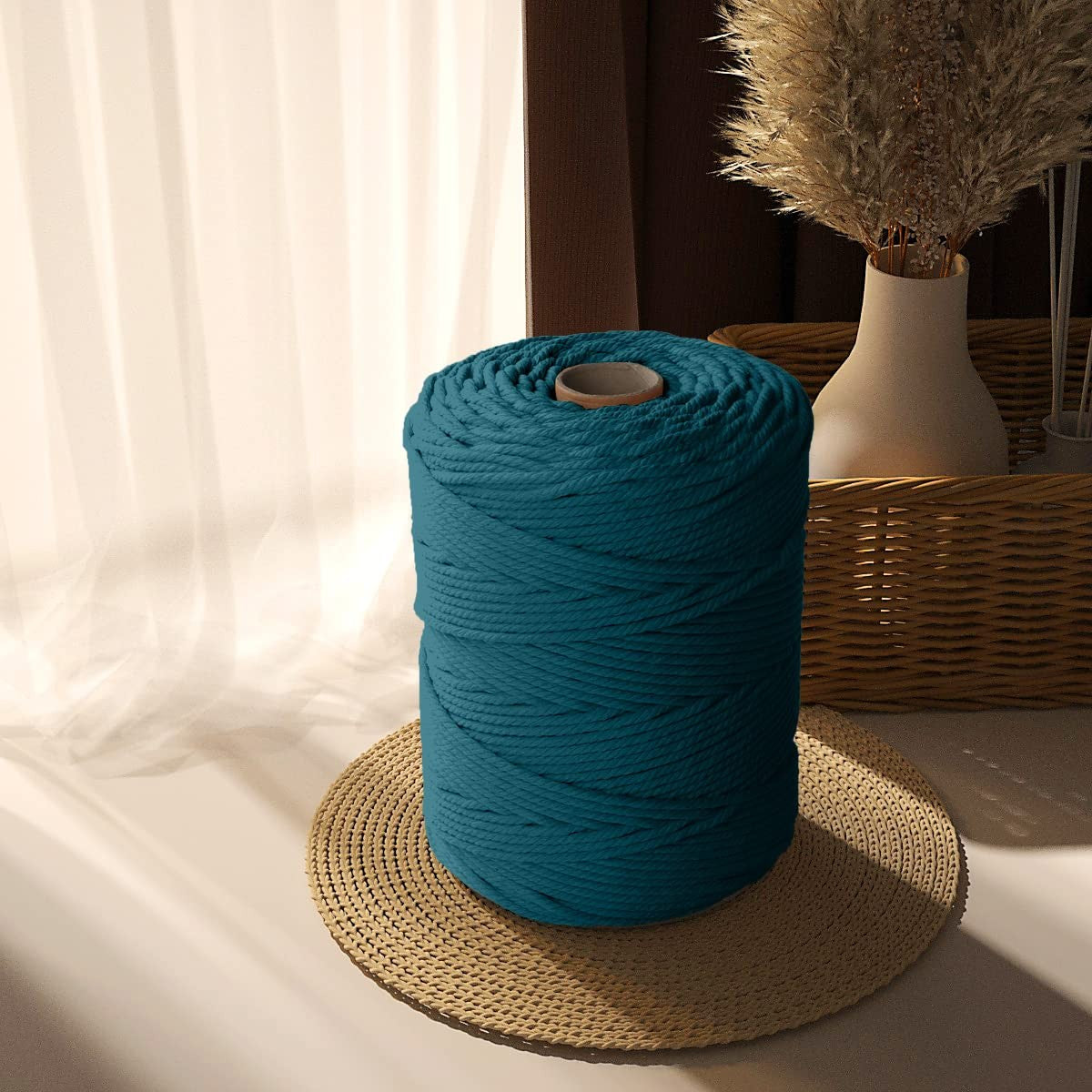 Natural handmade peacock blue macrame cotton cord, 5mm thick, 328 yards braided for crafting and DIY projects.