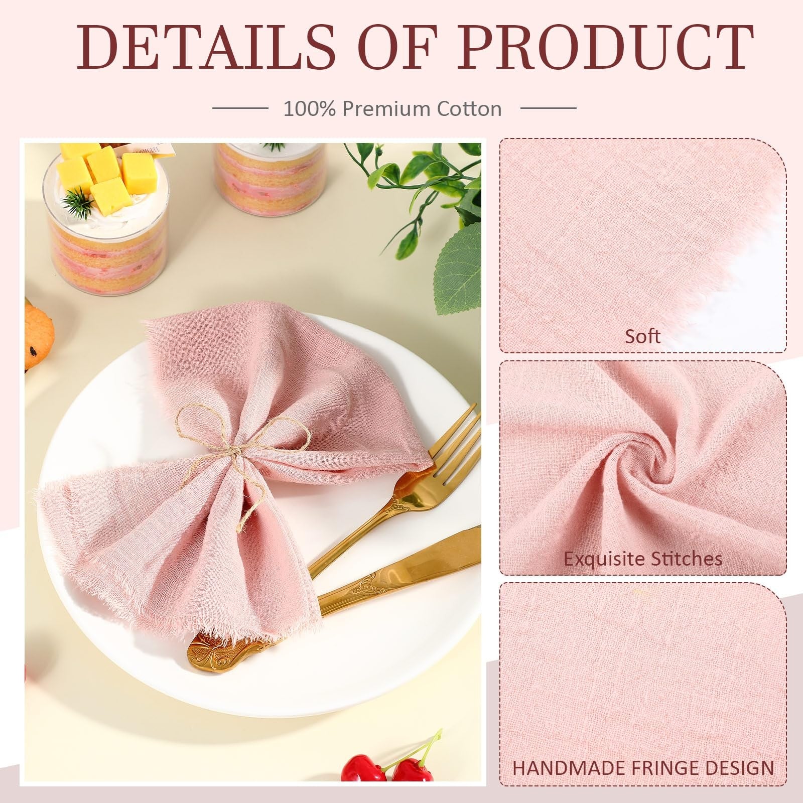 Preboun 24-pack of 17x17 inch cotton fringe napkins showing rustic, soft, reusable cloth with decorative fringed edges.