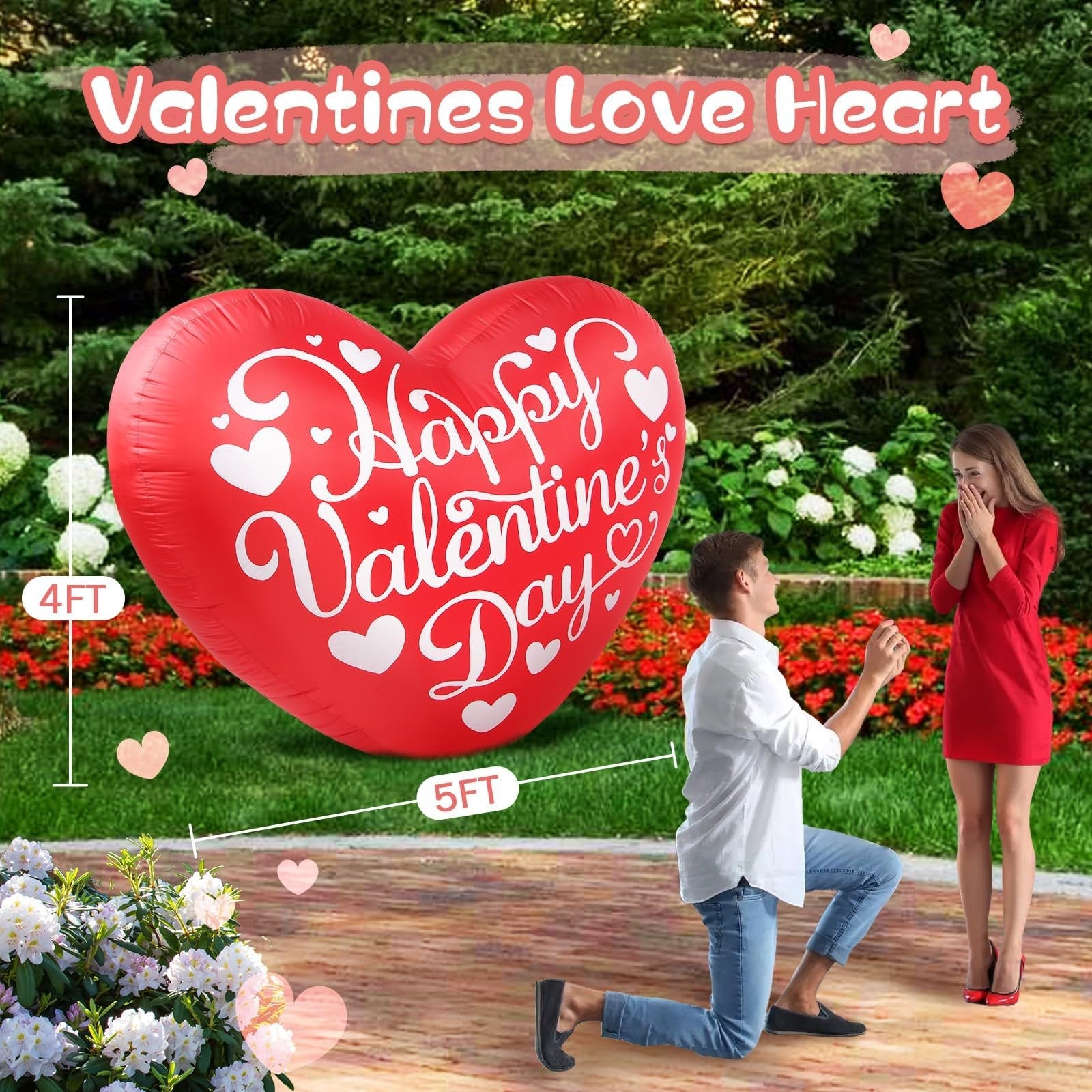 Red inflatable love heart decoration by Kofero, 5 feet long, outdoor Valentine's Day inflatable ornament with a sweet, romantic design.