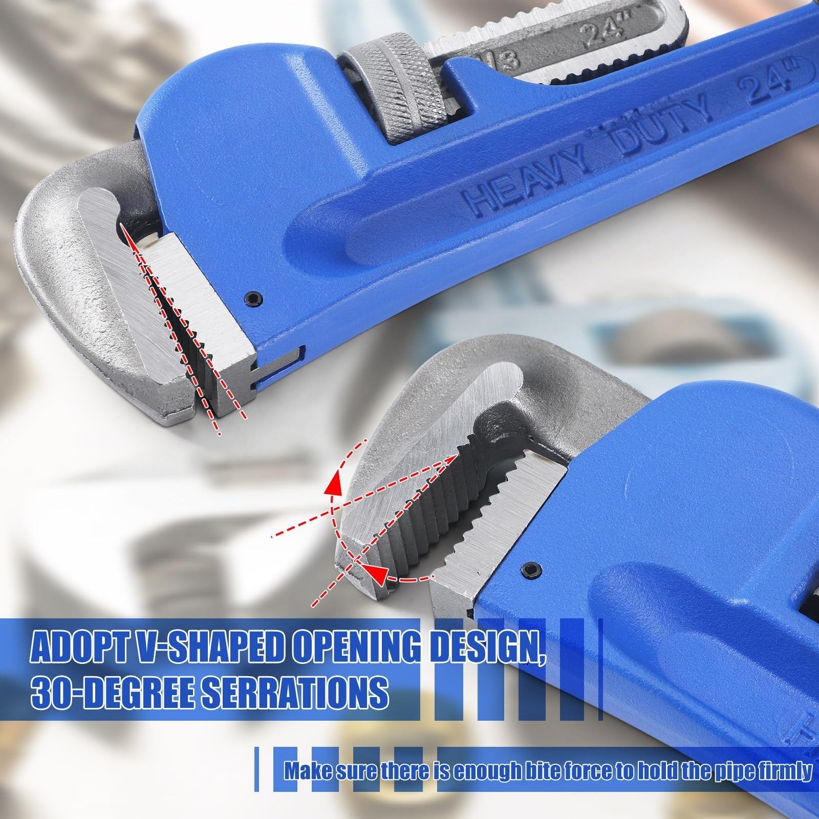 Gisafai heavy-duty pipe wrench set with adjustable straight wrenches in sizes 8 to 24, ideal for plumbing and pipe work.