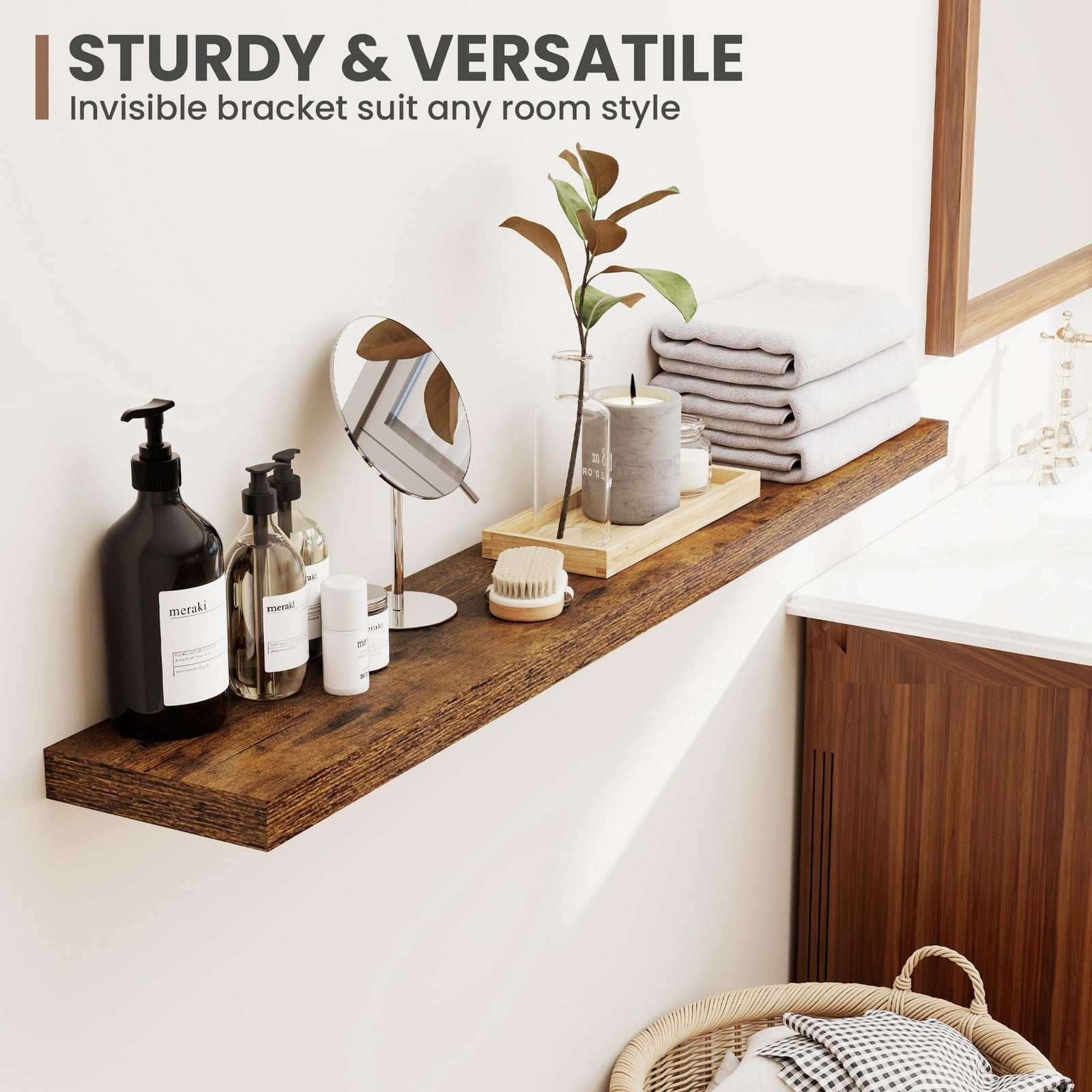 Acovy 24-inch floating shelves with 8-inch depth, wall-mounted design, showcasing modern wooden shelves for home storage and decor.