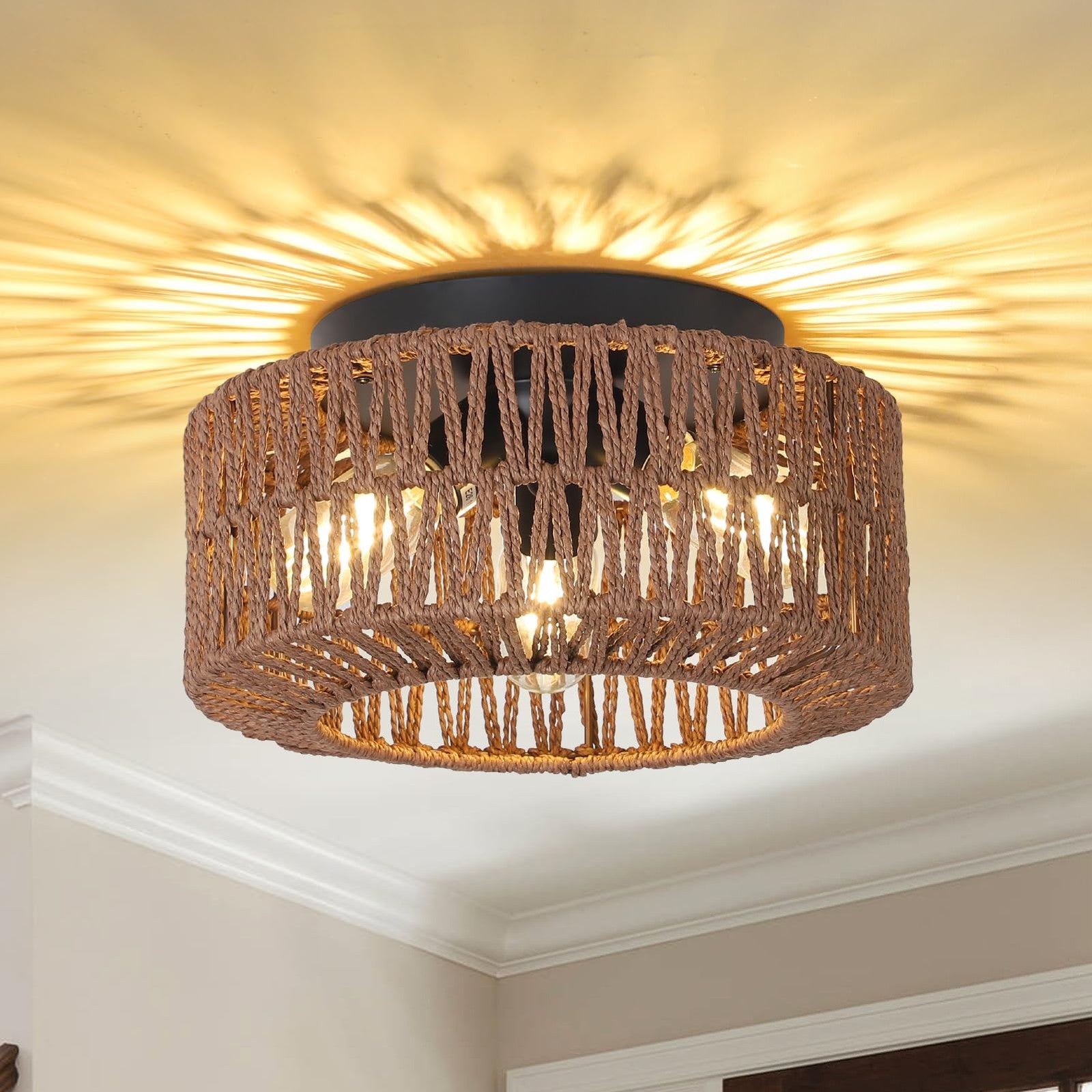 PAUFUL boho 3-light farmhouse rattan ceiling light fixture with woven rattan shades and rustic design.