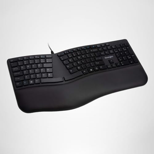 Kensington Pro Fit ergonomic wired keyboard in black with adjustable wrist rest and full-size keys for comfortable typing.
