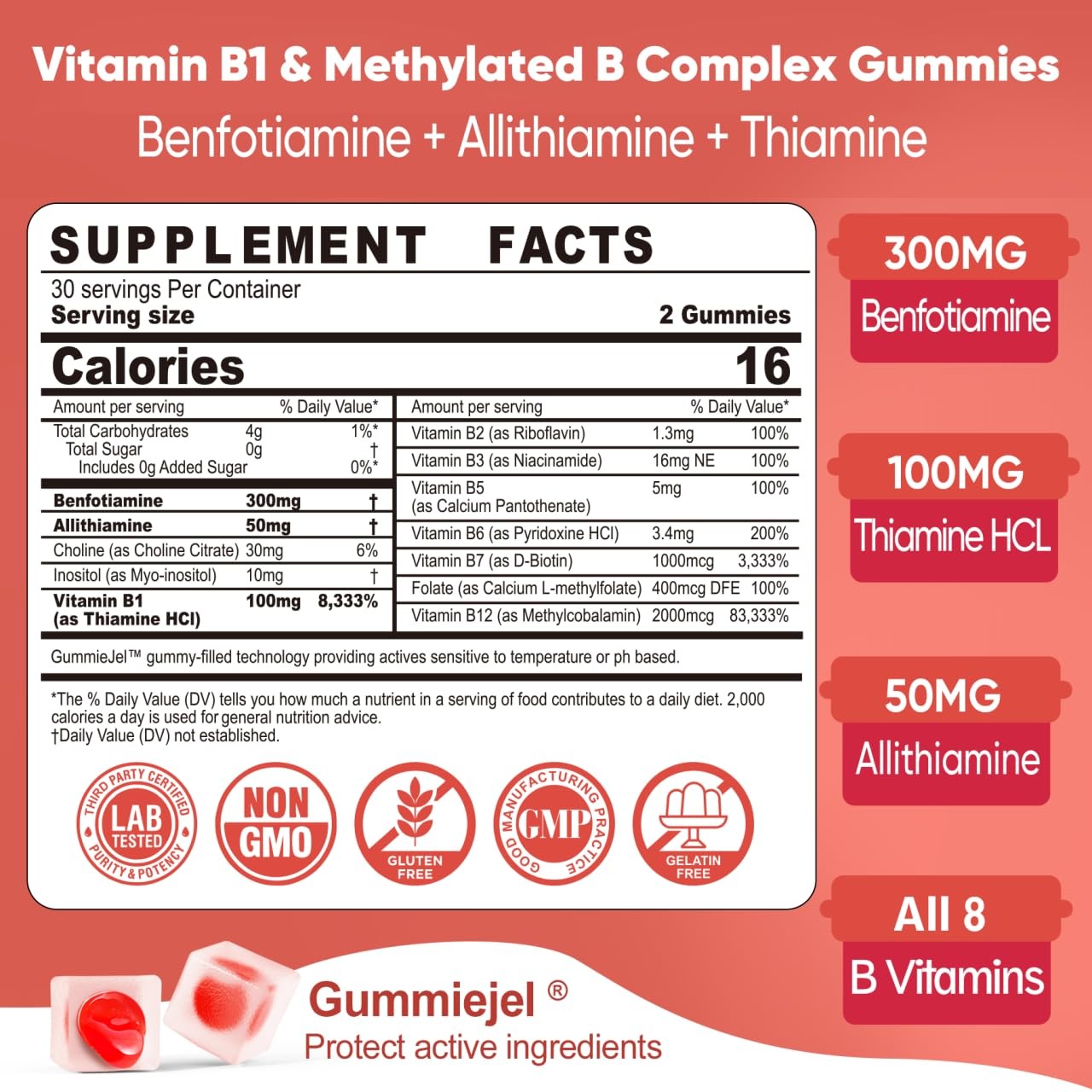 LILICARE Vitamin B1 & Methylated B Complex Gummies with all B vitamins and benfotiamine, shown in a clear container with gummies inside.