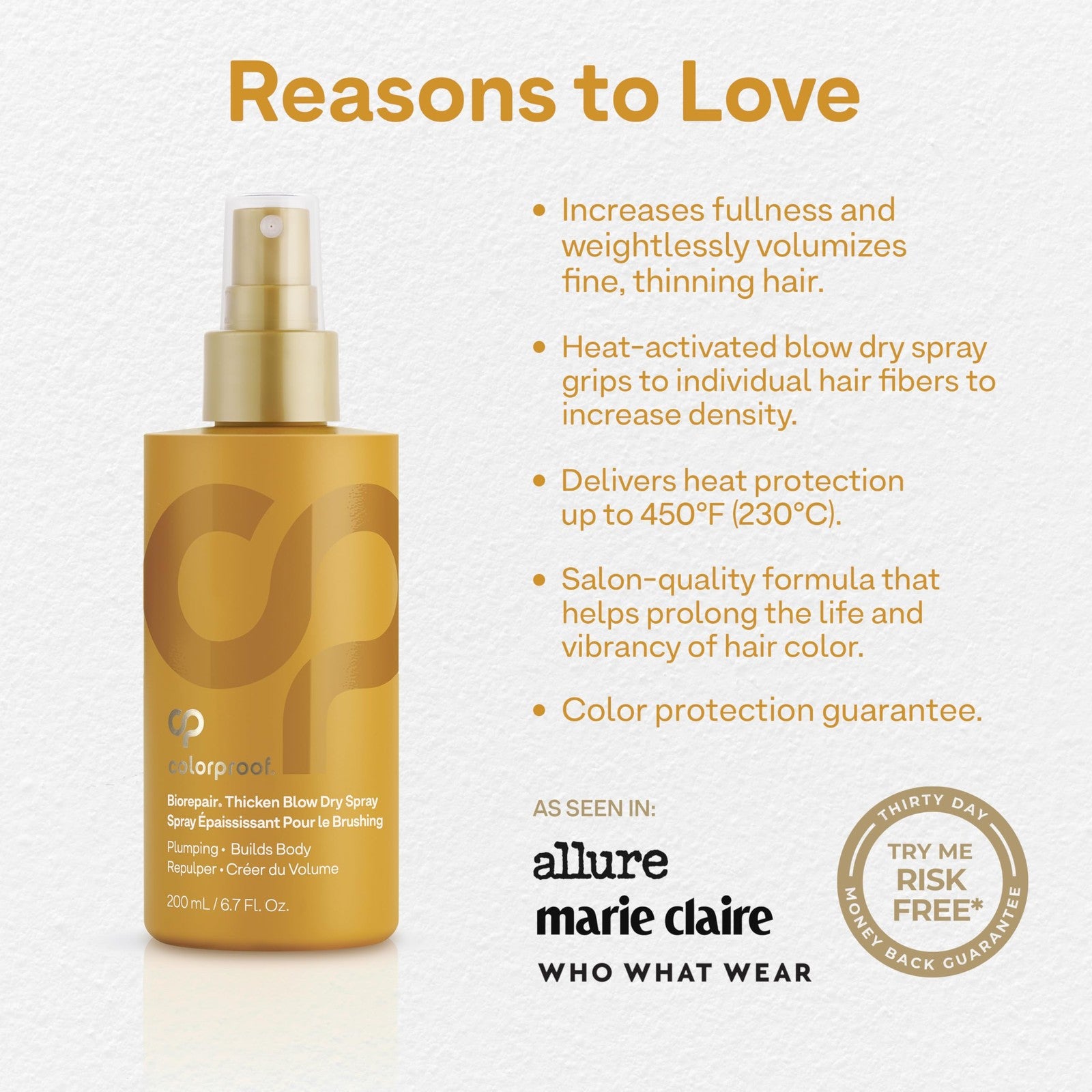 Colorproof Biorepair Thicken Blow Dry Spray in 6.7oz bottle, volumizing hair prep with a spray nozzle and sleek packaging.