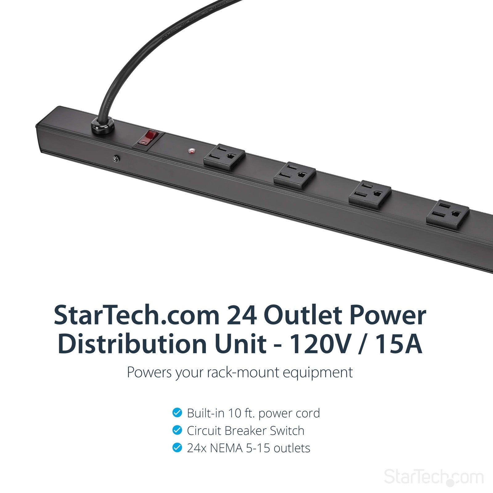 StarTech.com 24-outlet 120V 15A rackmount power strip with power distribution for data centers and server racks.