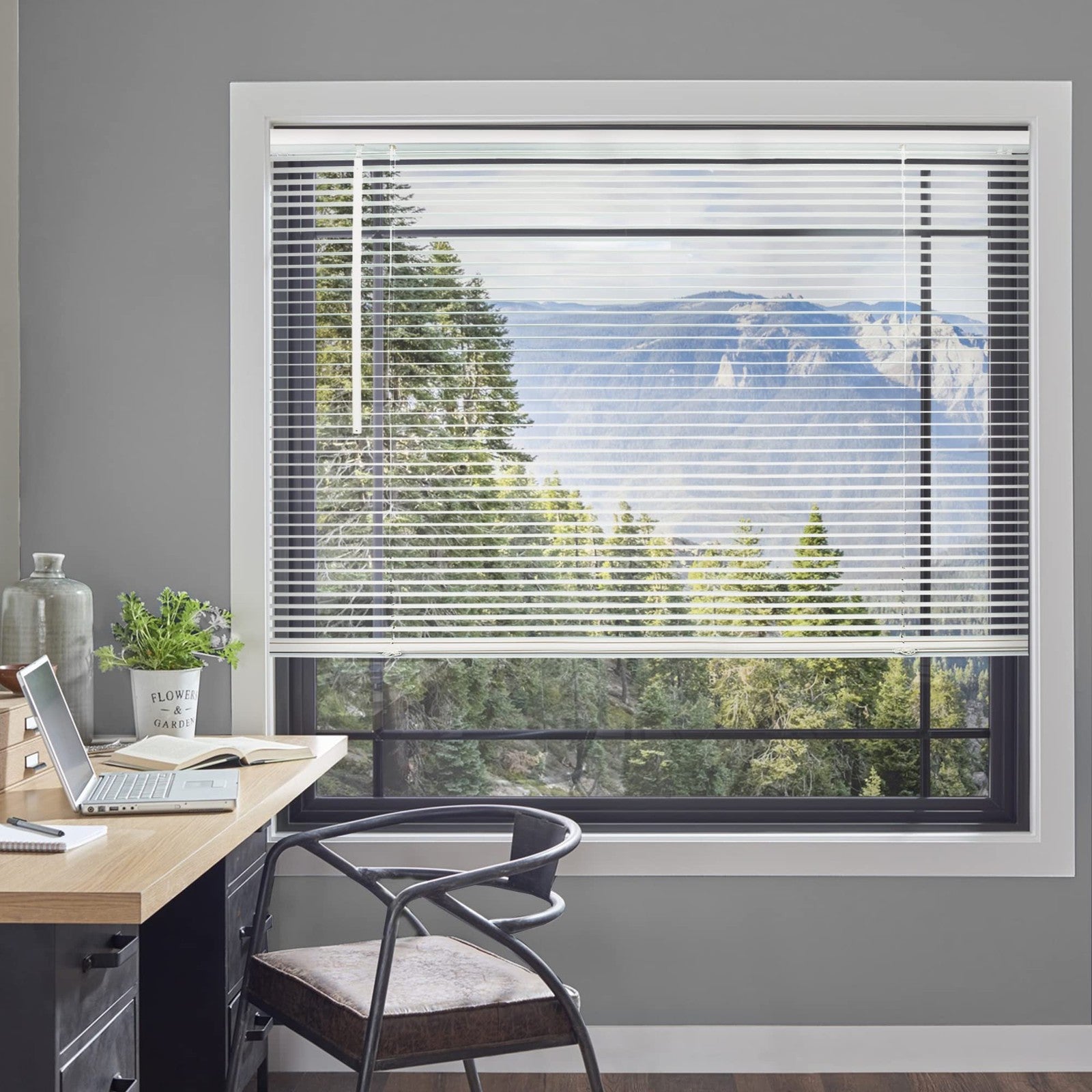 White Chicology mini blinds for indoor windows, 47W x 84H, horizontal vinyl window treatment with clean, sleek design