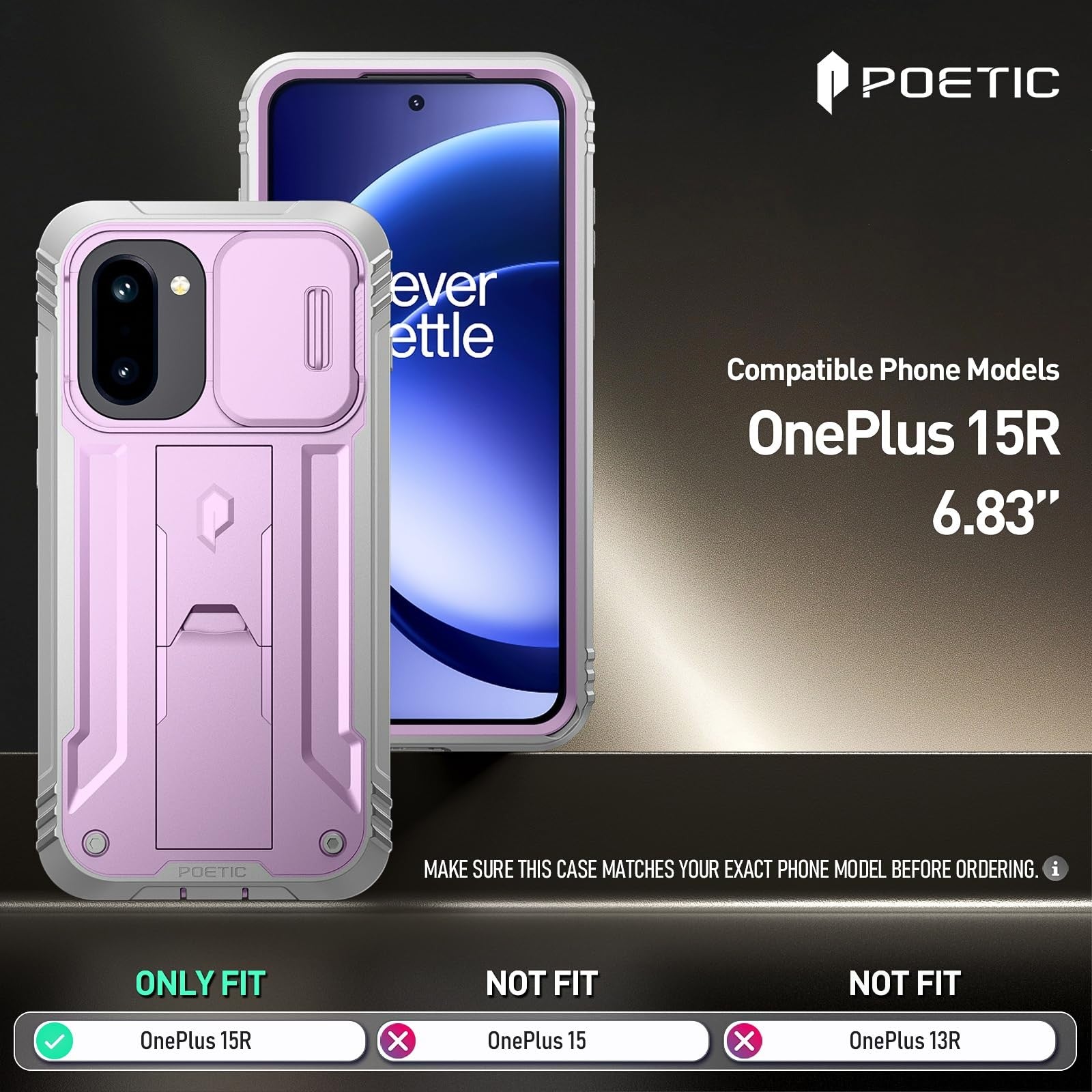 Poetic Revolution OnePlus 15R 5G case with slide camera cover and 20ft mil-grade drop protection, black rugged phone case