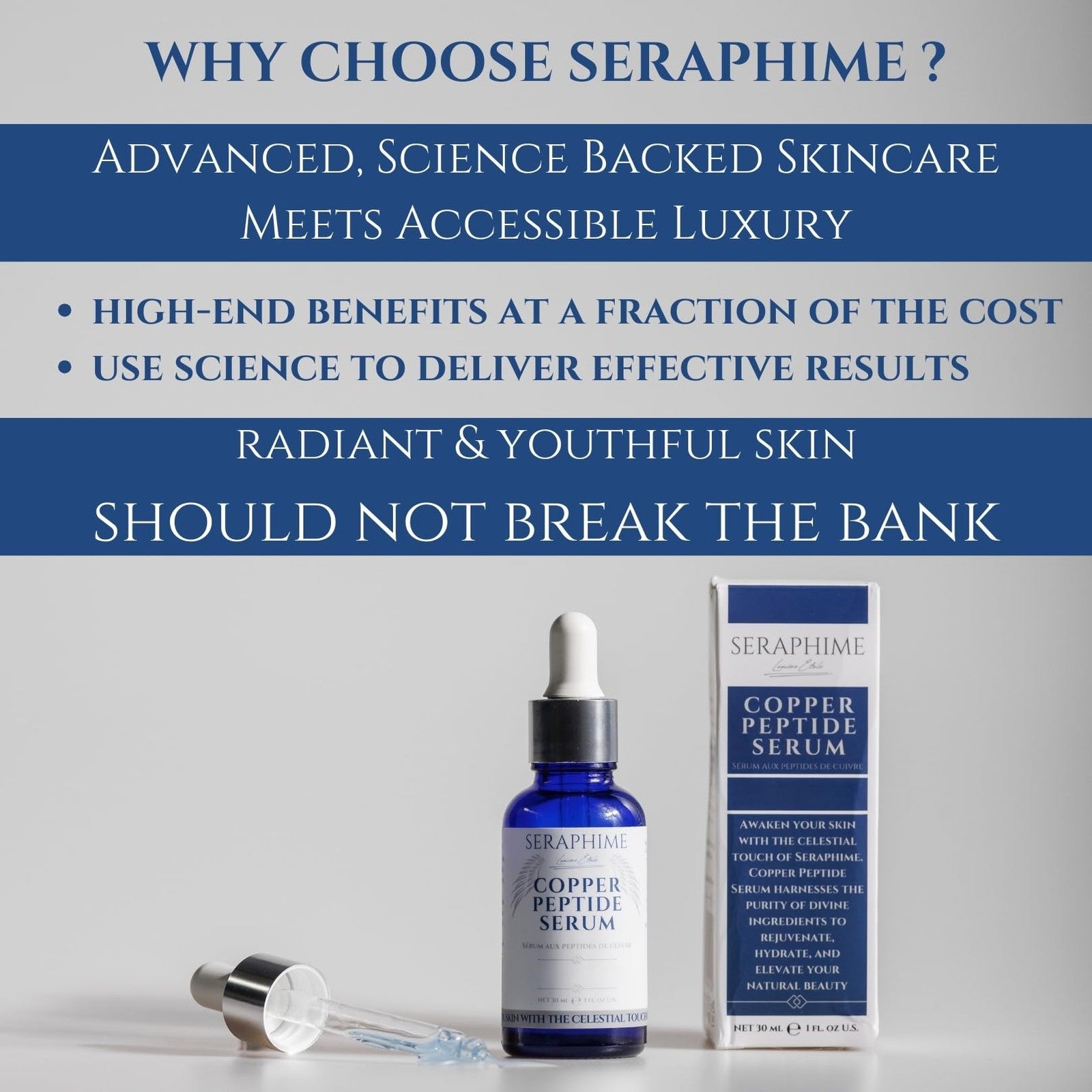 Seraphime Copper Peptides Serum for Face with 2% Copper Peptide and 4% Epidermal Growth Factor, in a clear glass bottle