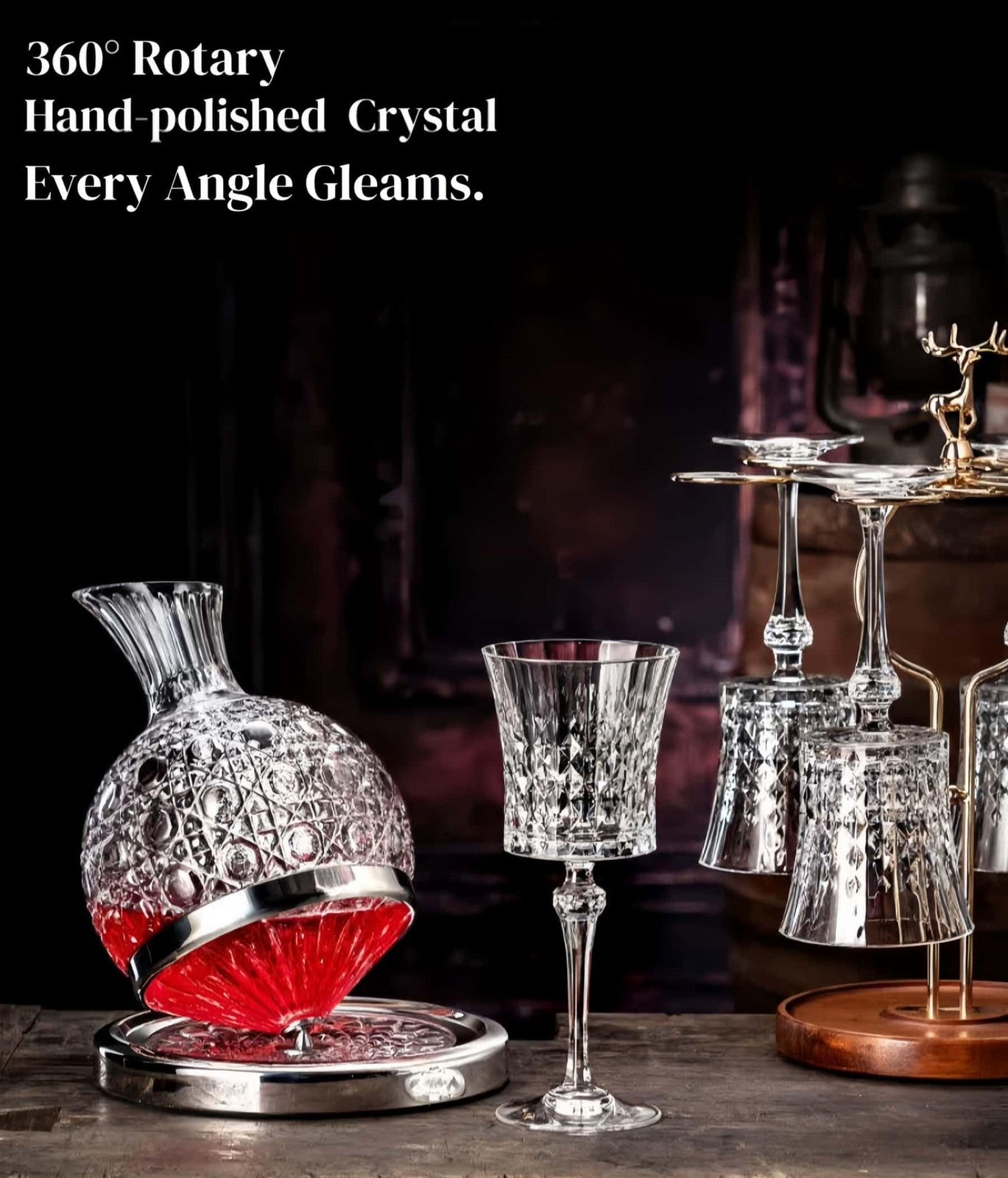Jarler wine decanter set with spinning crystal red wine carafes and football-shaped jarler for elegant wine serving.