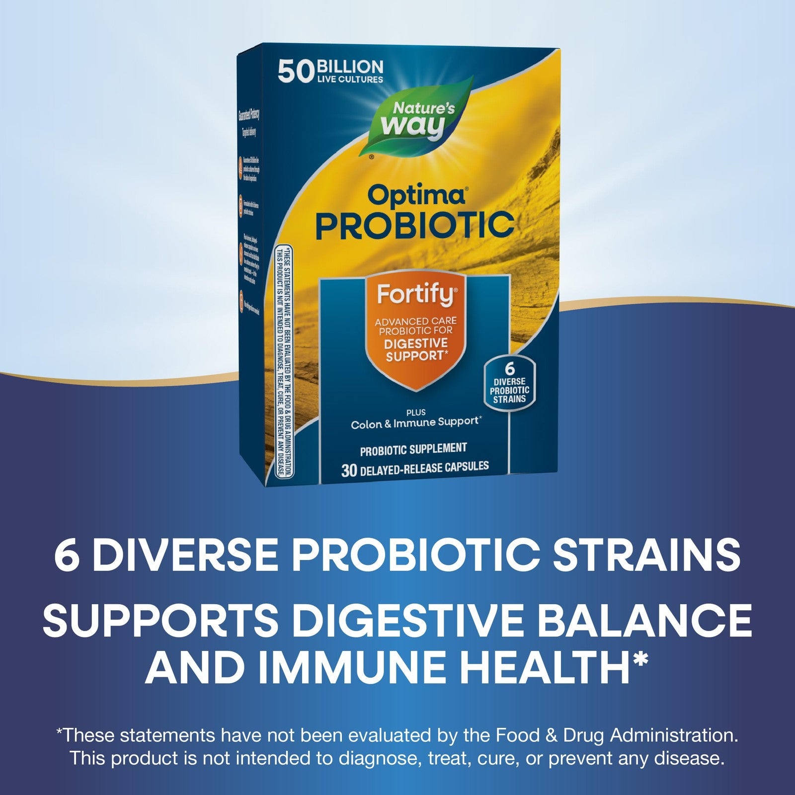 Bottle of Nature's Way Fortify Optima Probiotic for Men and Women with 50 Billion Live Cultures, showing the label and capsules.