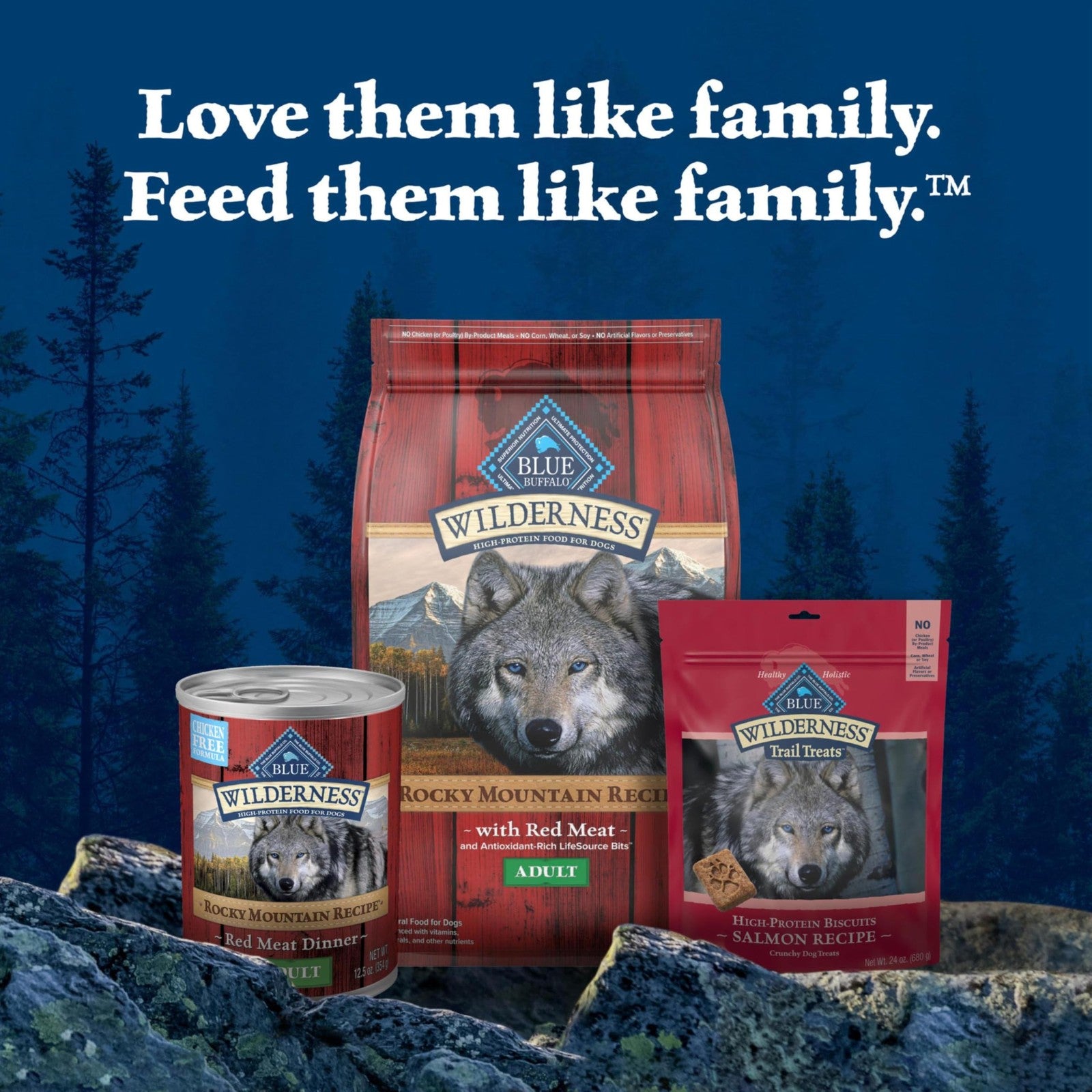 Blue Buffalo Wilderness adult wet dog food in red meat paté flavor, grain-free, 12-pack, featuring cans with blue and red labels.