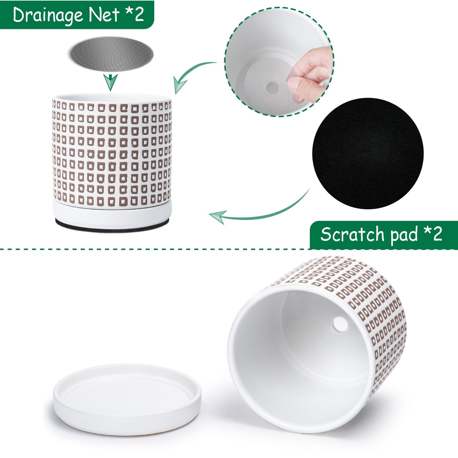 D'vine Dev set of 2 ceramic planter pots with drainage holes and saucers, 6-inch size for indoor plants.