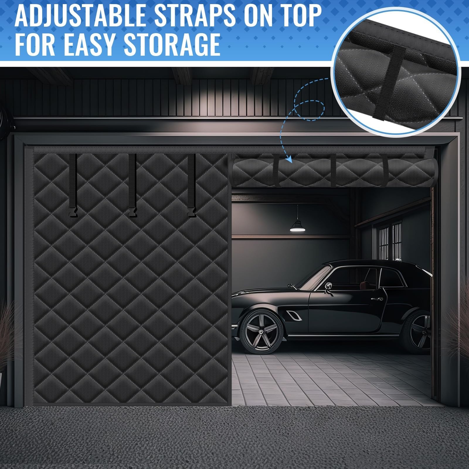 Tingjoo 8x7 ft garage door screen insulation kit with magnetic thermal insulation, showing the screen and magnetic strips.