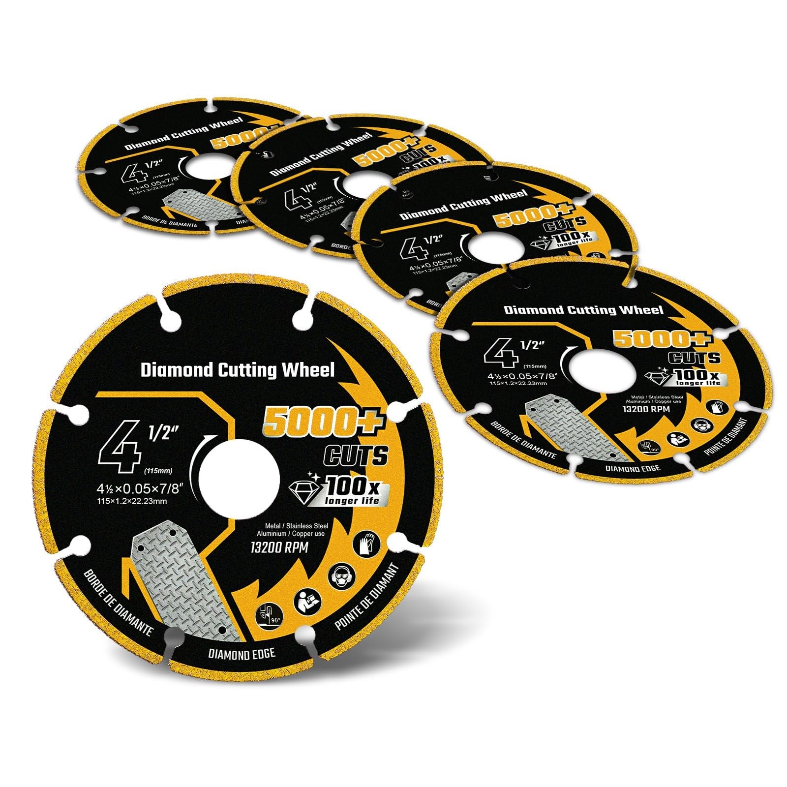 Revvstark 5-pack 4.5-inch diamond cut-off wheels for metal and stone cutting, featuring durable, high-performance design.
