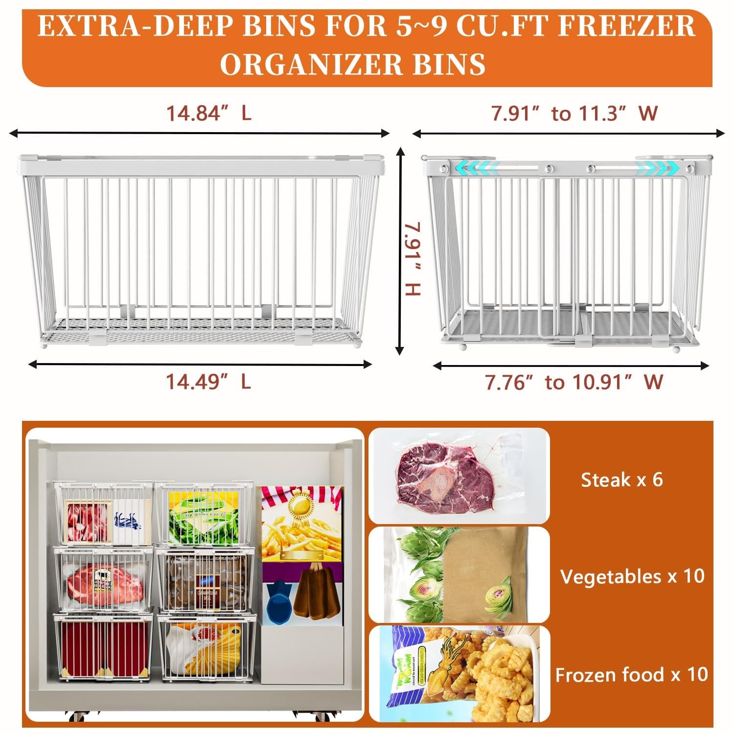 Anjuban large freezer organizer bins with leak-proof net for 5 to 9 cu ft freezers, showing clear plastic storage bins.