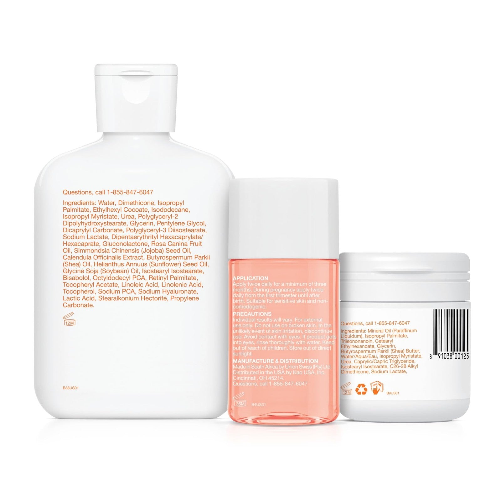 Bio-Oil skincare set with three travel-size bottles for scars, stretch marks, and dry skin, featuring nourishing oils and skincare treatments.