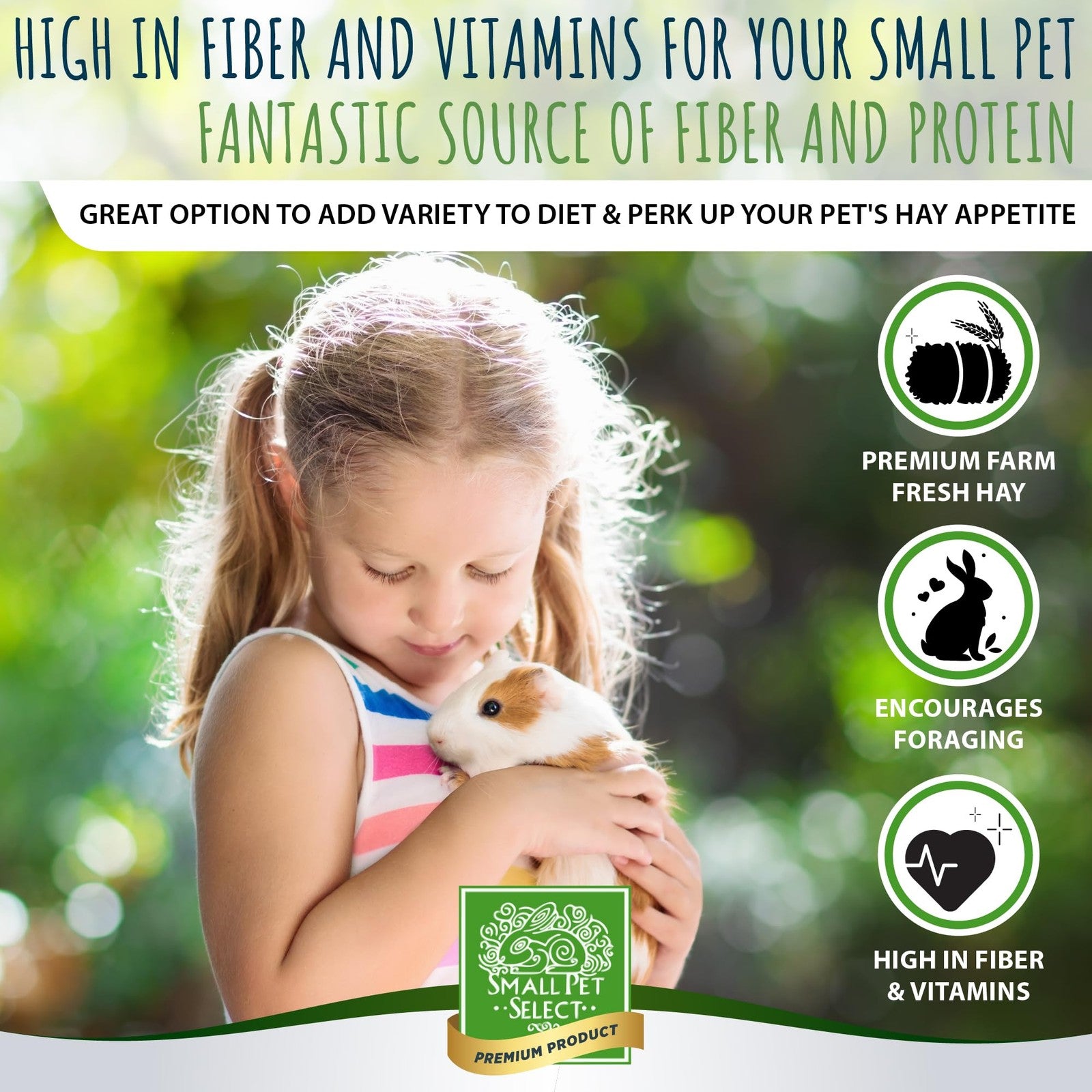 Small Pet Select gourmet hay with flowers and herbs, ideal for small pets, showing fresh, colorful treat hay in a natural setting.