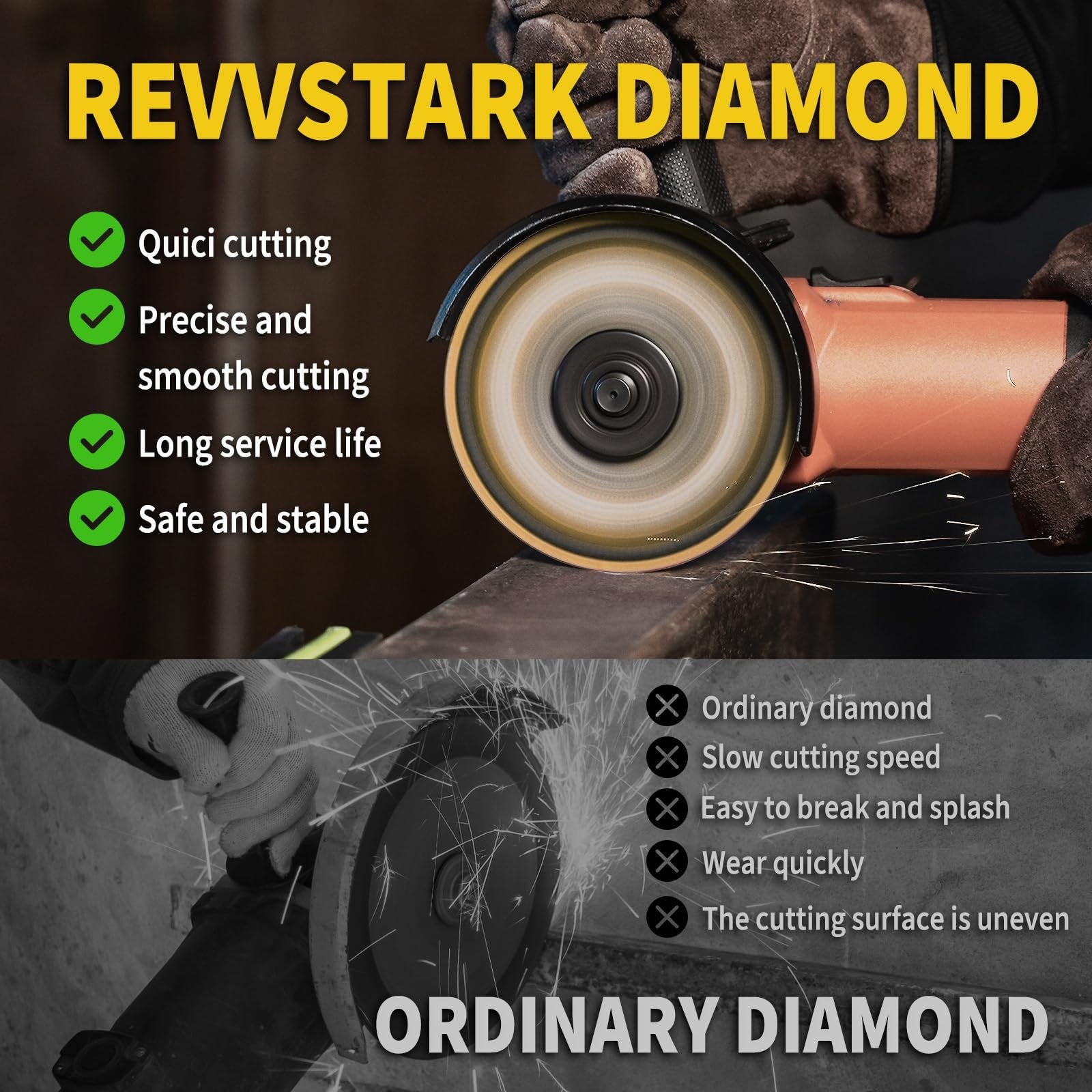 Revvstark 5-pack 4.5-inch diamond cut off wheels for metal and masonry cutting, featuring durable abrasive design.
