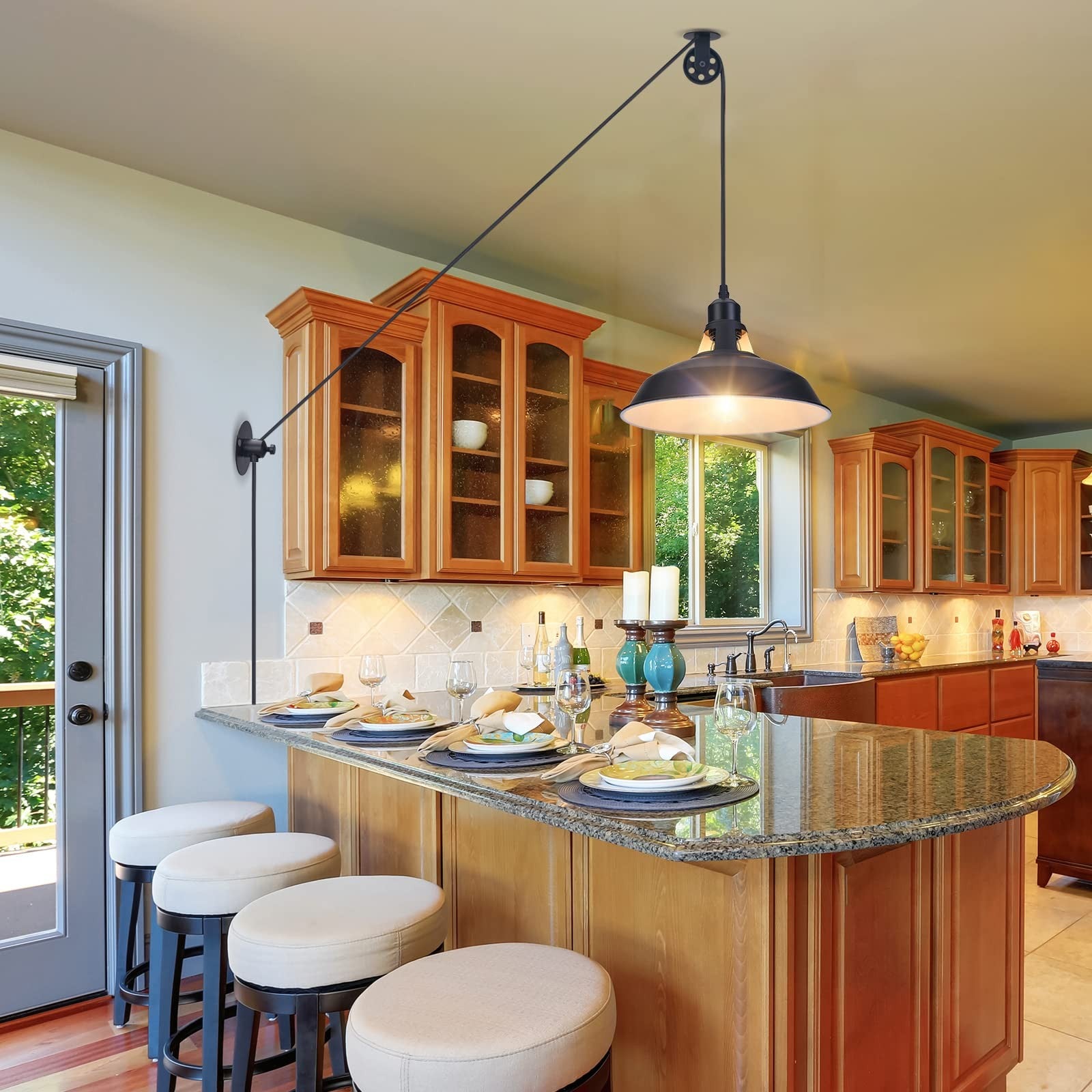 Lomoky industrial plug-in pulley pendant light with 14.76ft cord and on/off switch hanging from a ceiling.