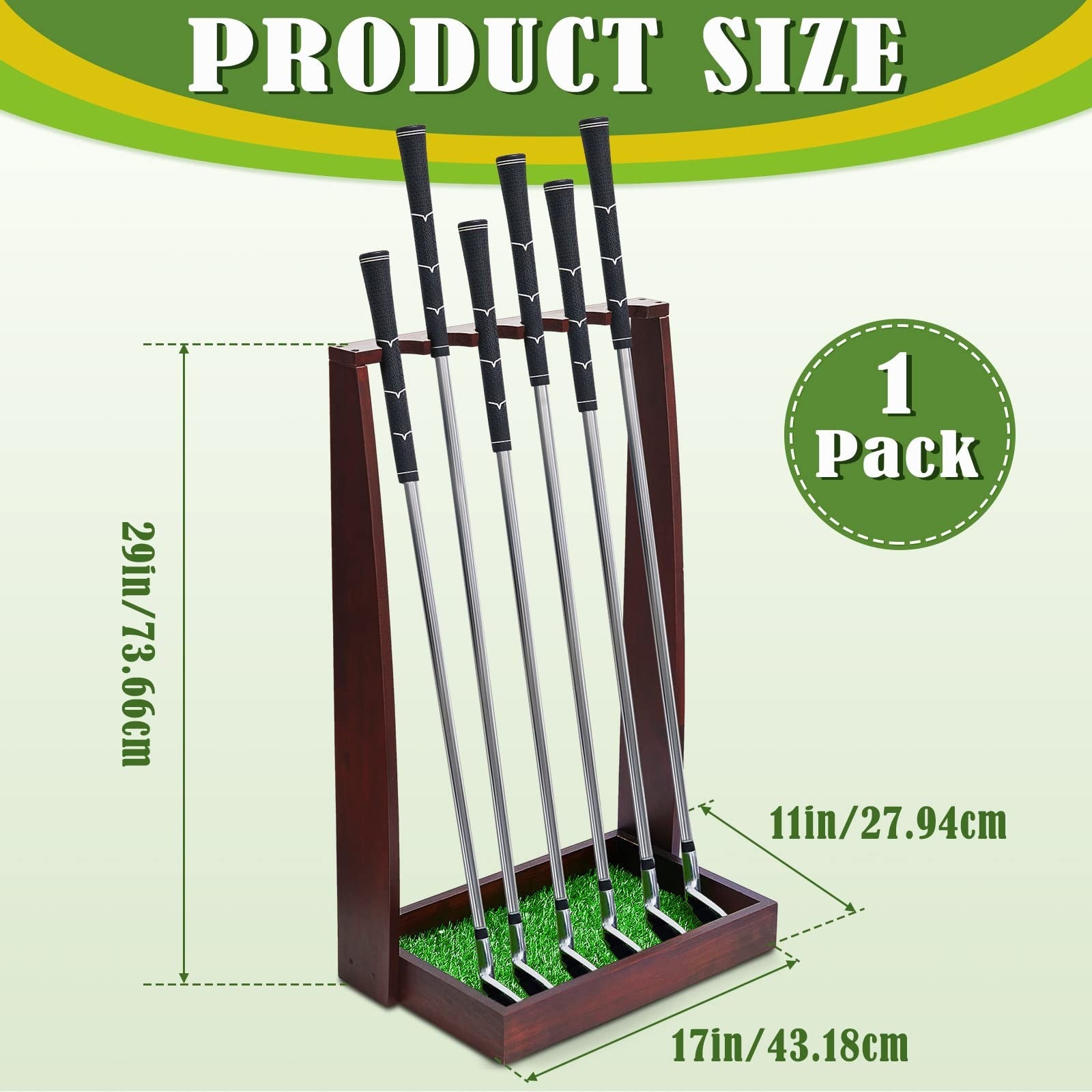 Lenwen wooden golf club holder stand with space for six clubs, designed for organizing and displaying golf putters and clubs.