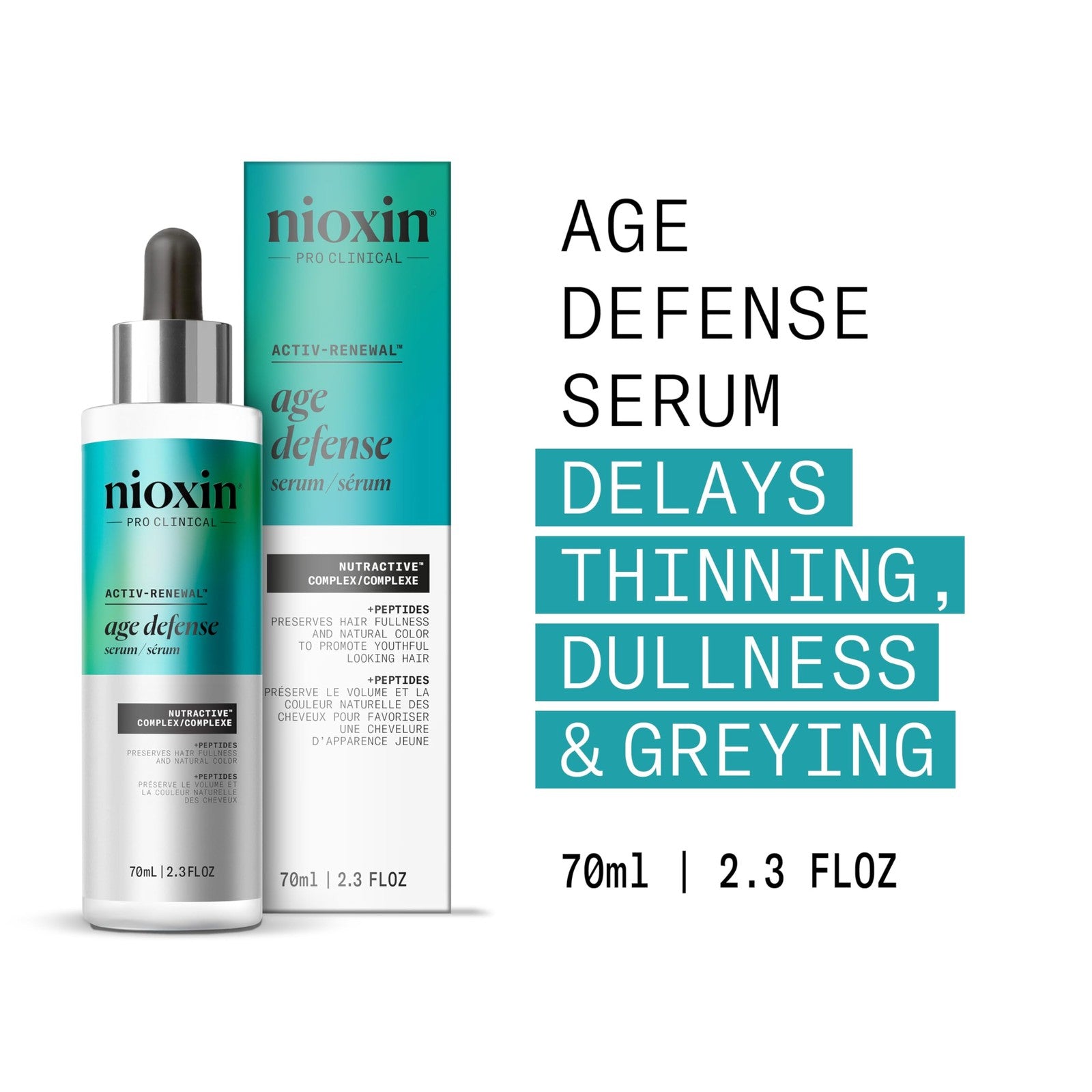 Nioxin Age Defense Anti-Aging Hair Serum with peptide, leave-in scalp treatment, showing the serum bottle with pump dispenser.