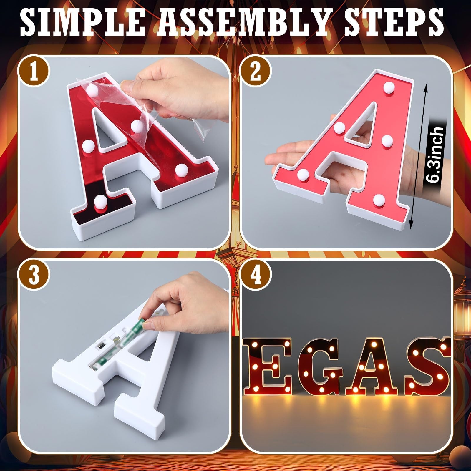 Aurelema Las Vegas 6.3-inch light-up letters sign for party decorations, battery-powered with illuminated letters in a vibrant display.