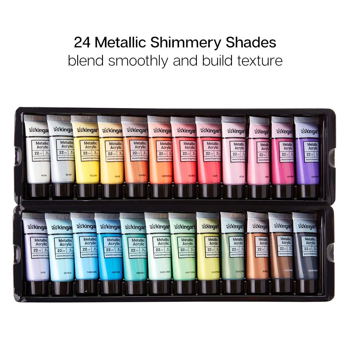 KINGART metallic acrylic paint set with 24 vibrant colors in 0.74 oz tubes, ideal for artistic projects and crafts.
