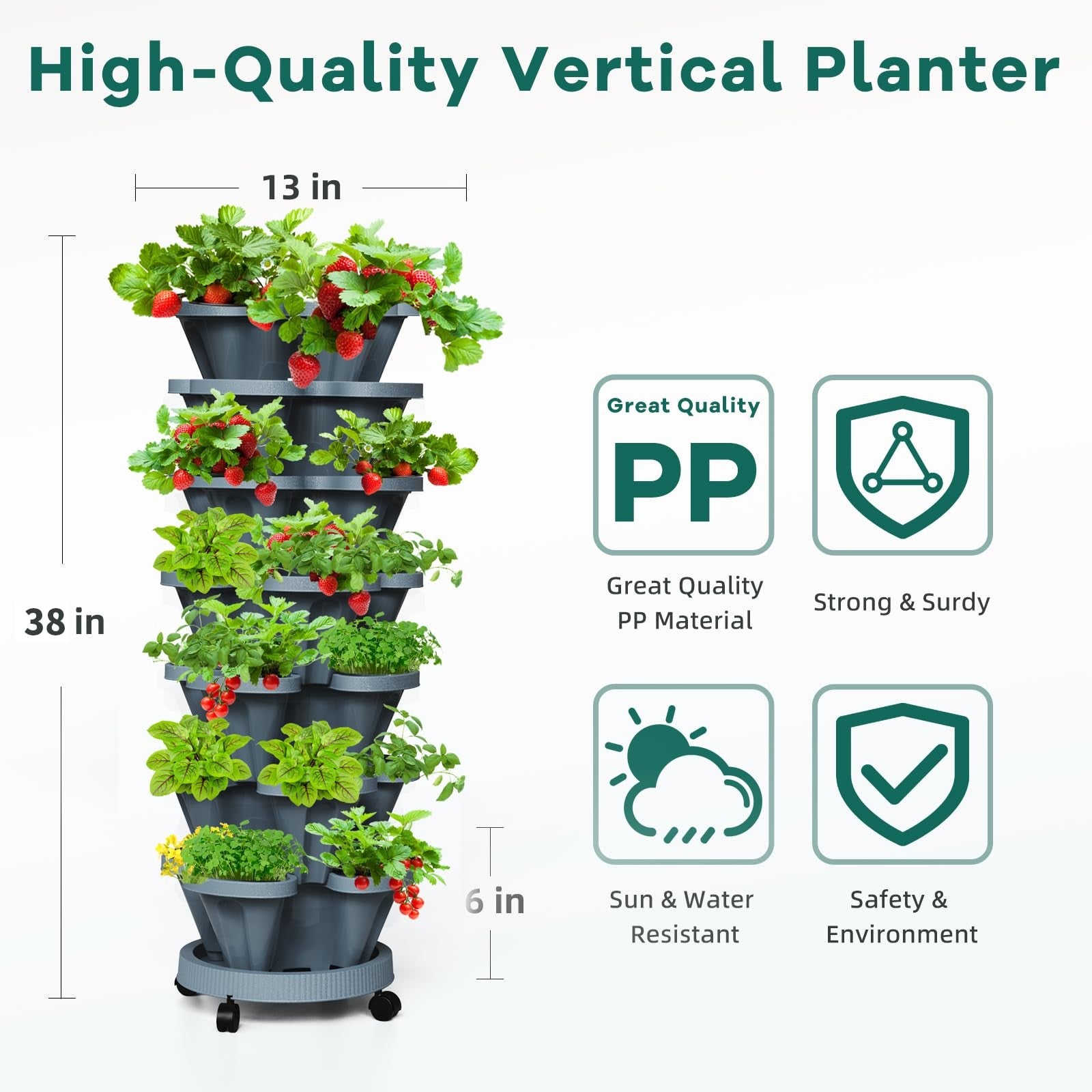 Tectsia strawberry vertical planter tower with 7 stackable tiers, showcasing lush strawberry plants in a vertical garden setup.