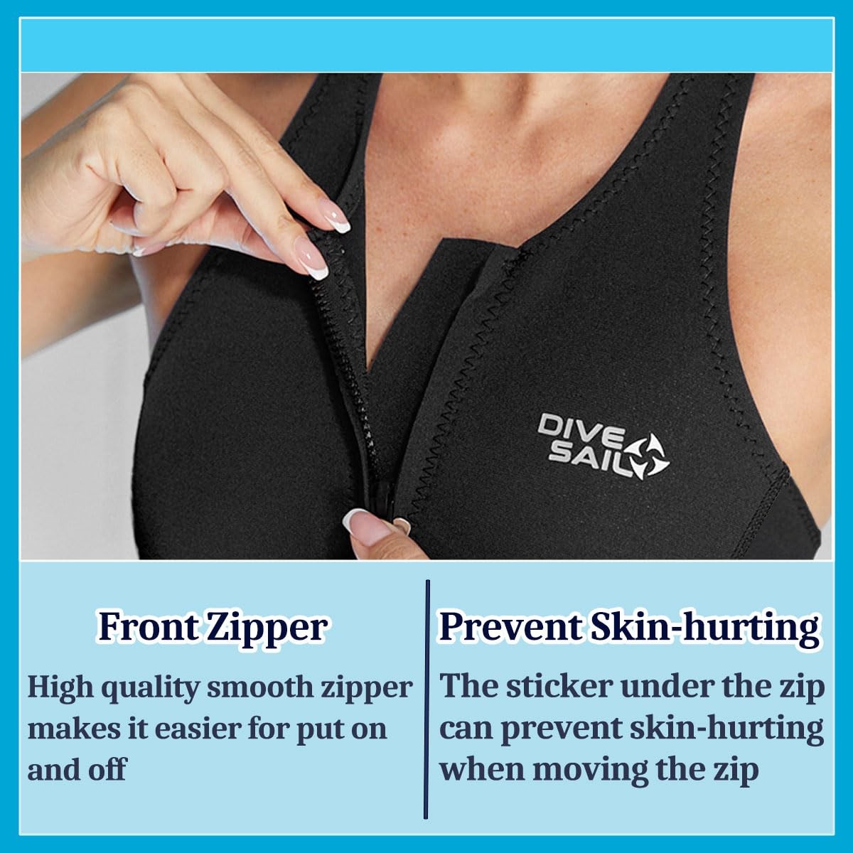 Women's 2mm sleeveless wetsuit shorty by DIVE & SAIL, front zip one-piece swimsuit for water activities, shown in the image.
