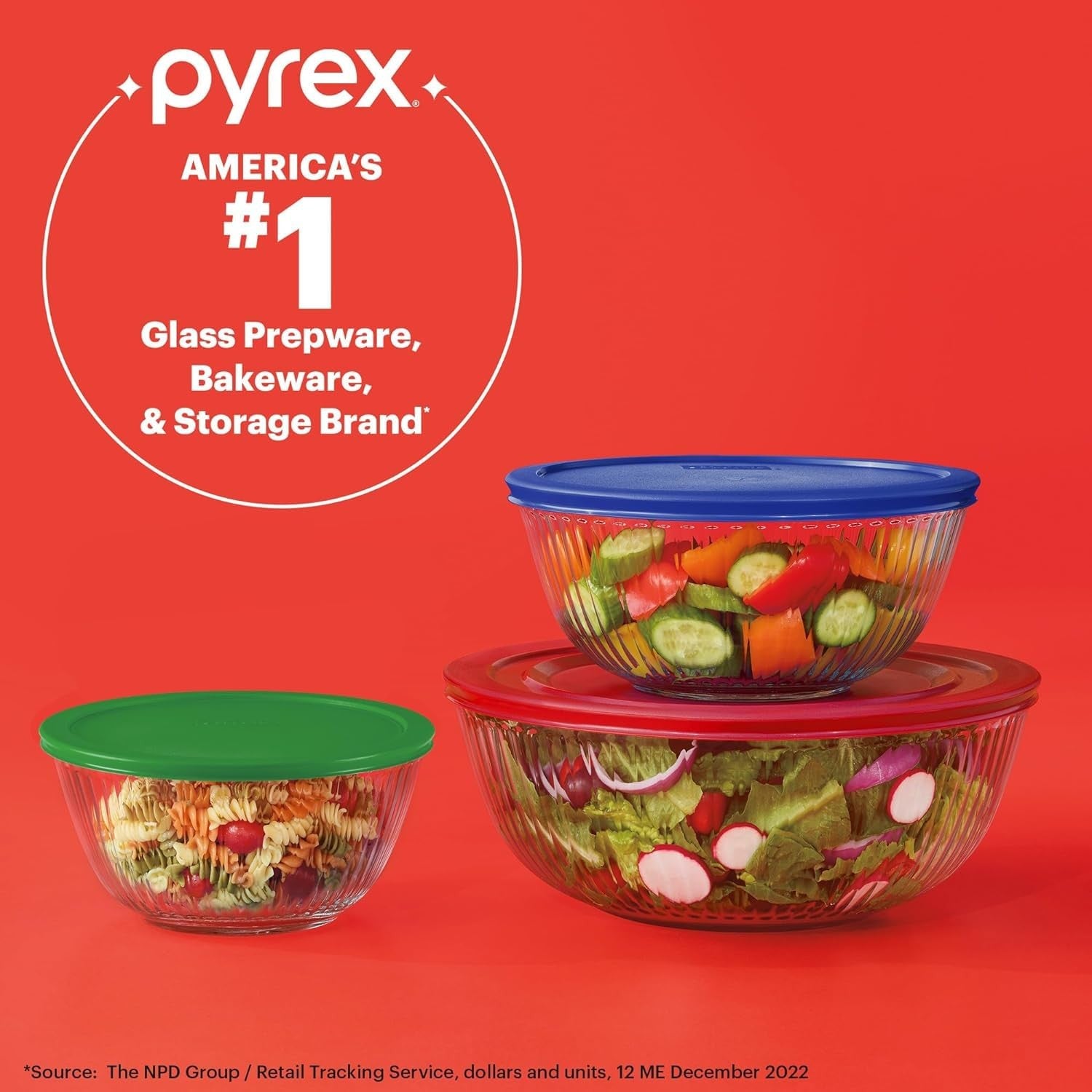 Pyrex sculpted glass mixing bowl set with lids, showing three clear bowls of different sizes for prep, mixing, and storage.