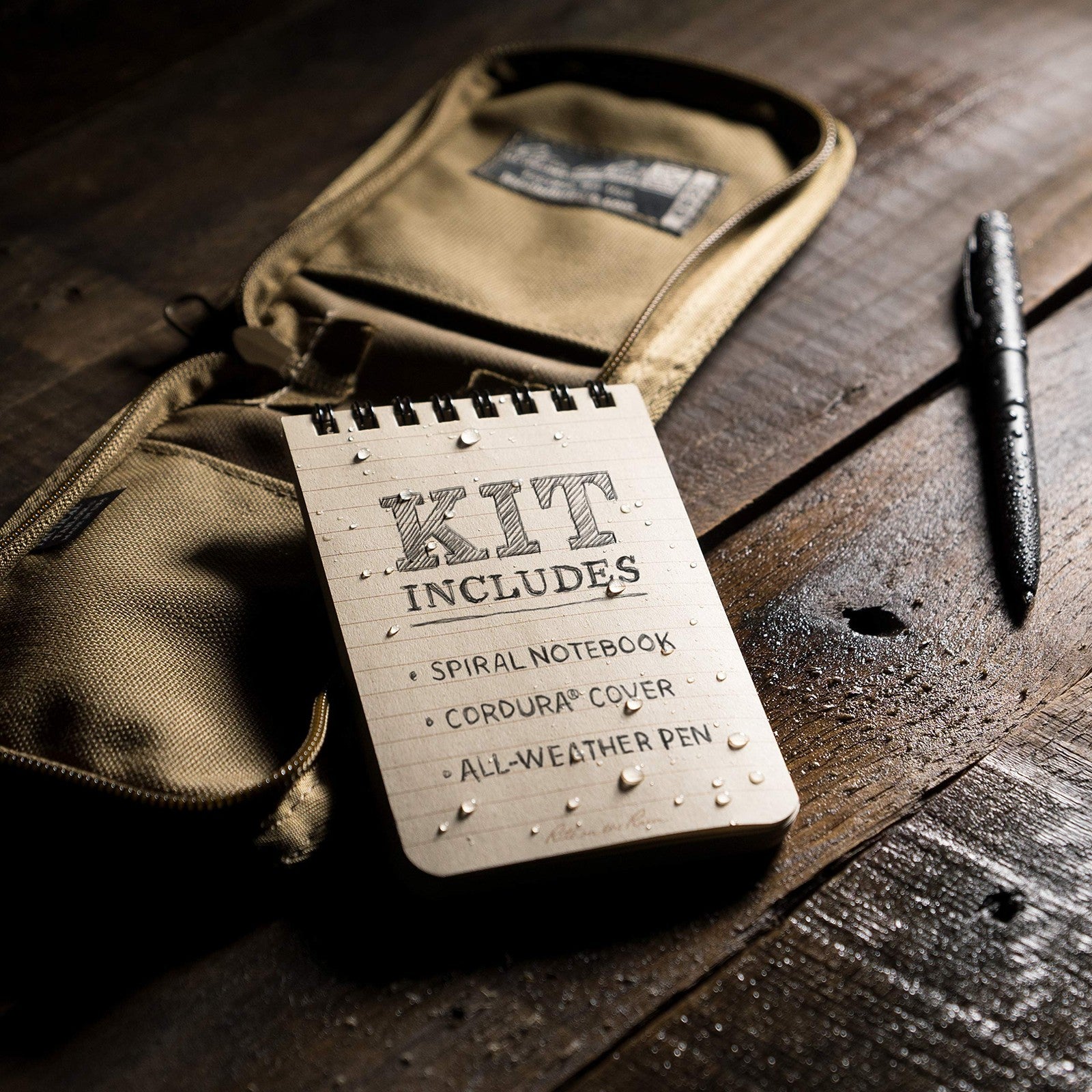 Rite in the Rain weatherproof 3x5 top spiral notebook kit with tan CORDURA cover and pen for outdoor note-taking