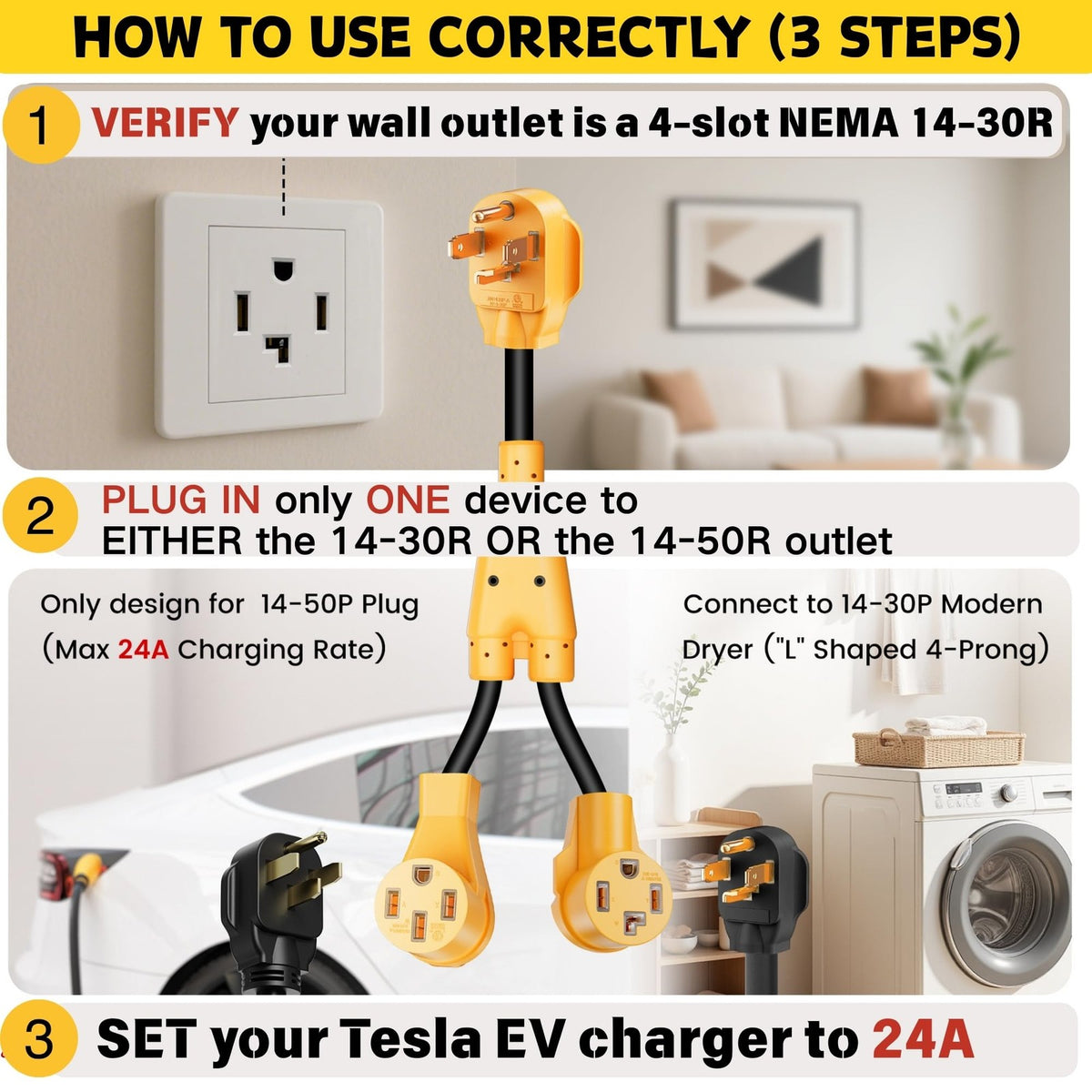 Unbranded Mecmo Nema 14-30P to 14-50R and 14-30R dryer outlet splitter showing the electrical outlet connectors.
