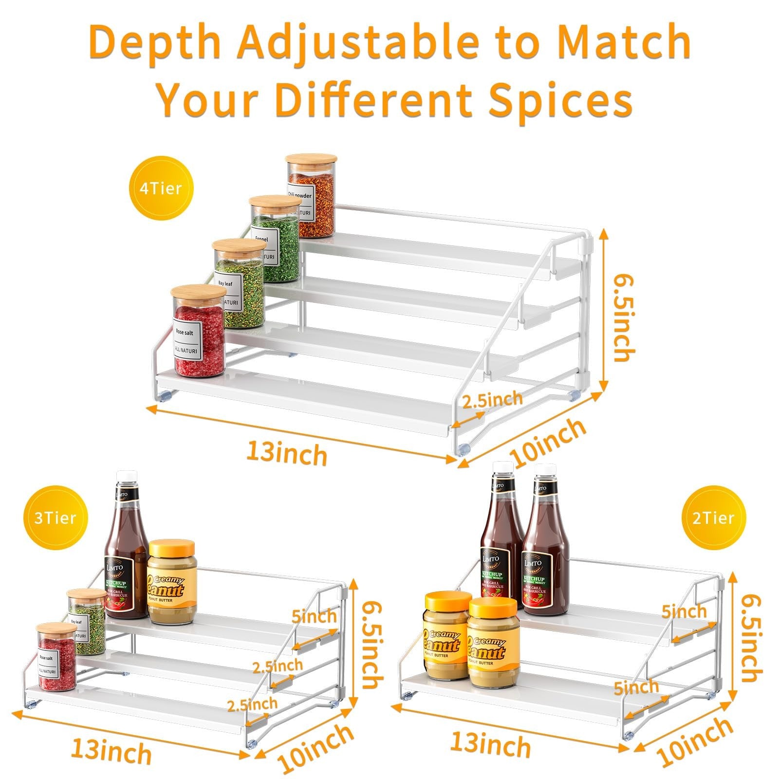 RCHYFEED 4-tier spice rack organizer for cabinet storage, holding spice jars and bottles in a neat, accessible arrangement.